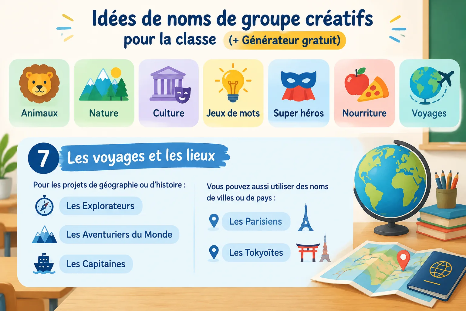 Infographie présentant 7 catégories de noms de groupe avec des icônes simples : animaux