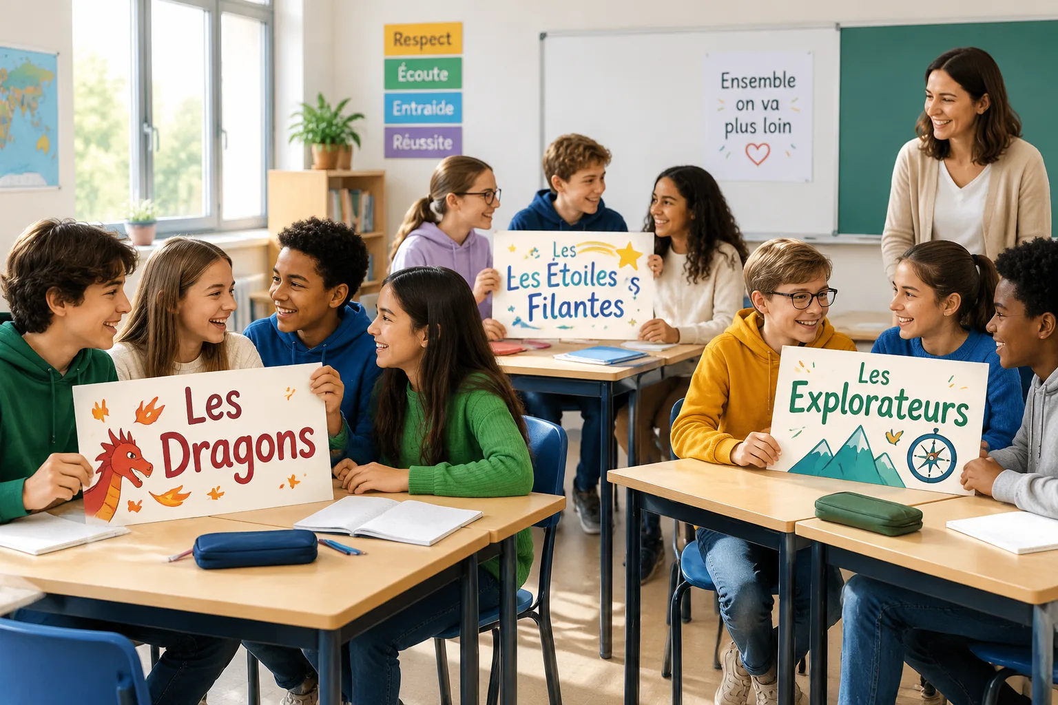 Illustration d'une salle de classe avec des groupes d'élèves tenant des pancartes affichant des noms