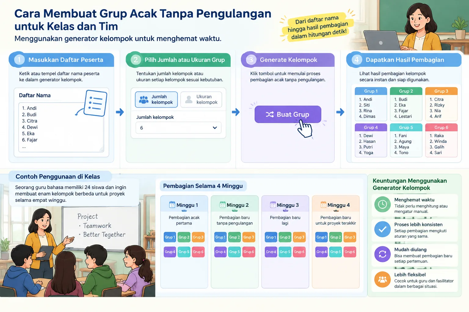 Infografik langkah penggunaan generator kelompok dari daftar nama hingga hasil pembagian