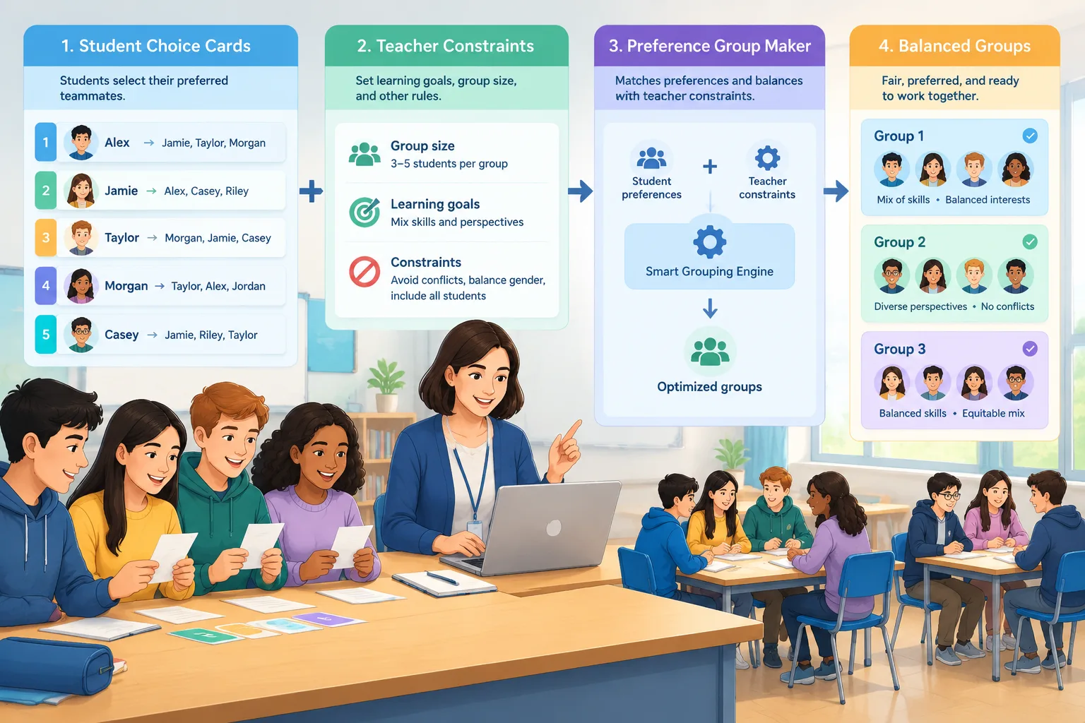 Clean instructional diagram of a preference group maker workflow
