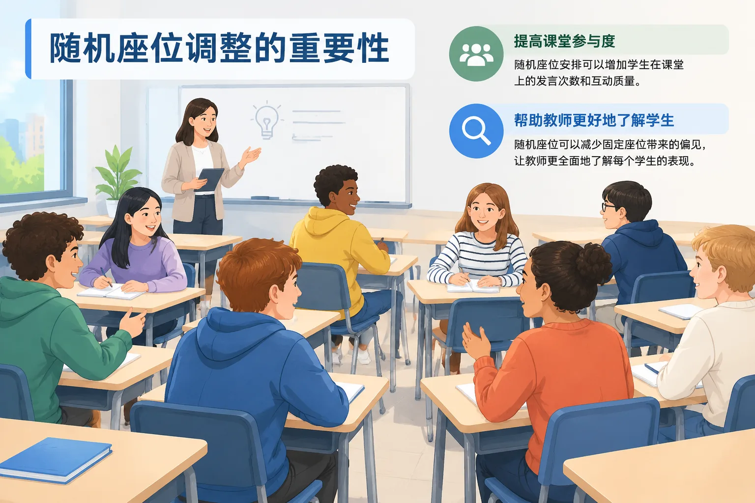 clean illustration of diverse students seated randomly in a classroom with desks and chairs