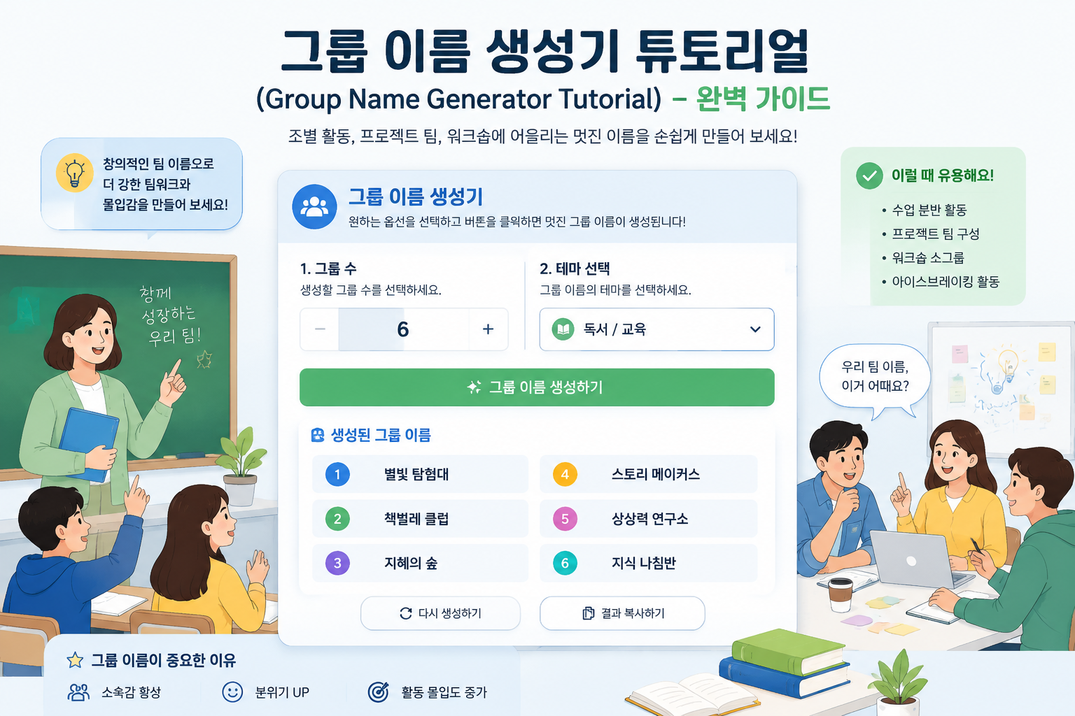 A clean web interface of the Group Name Generator showing input for number of groups, theme dropdown, and a list of generated Korean team names like '별빛 탐험대' and '책벌레 클럽'. Bright, minimalist design with soft blue and green tones.