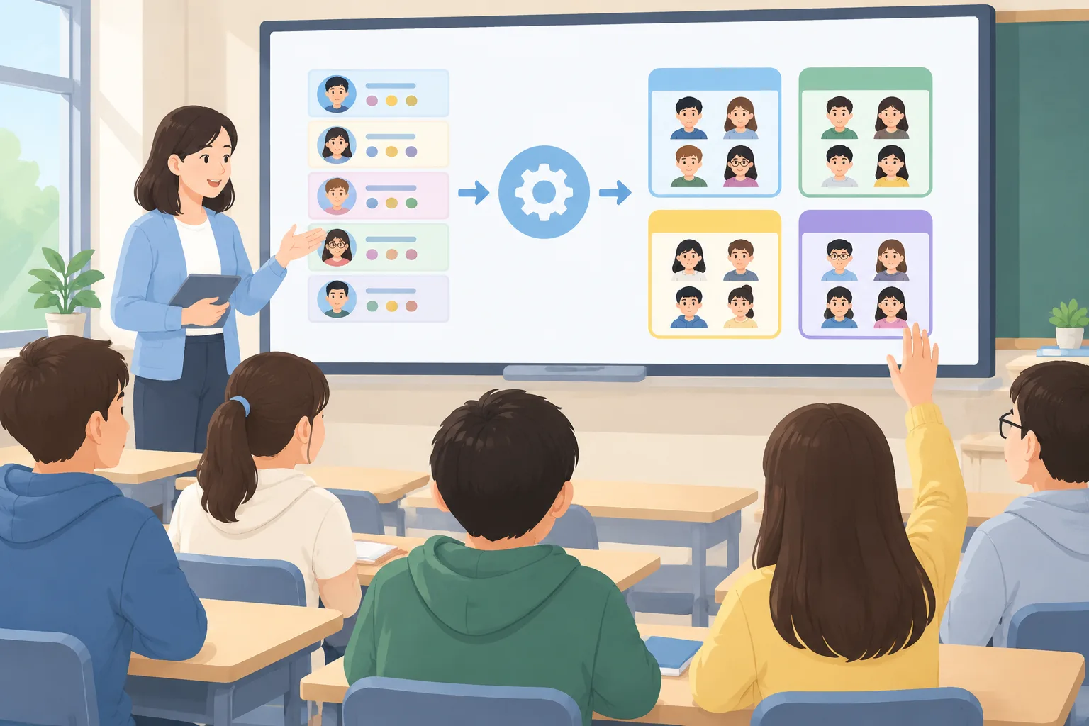 Clean instructional illustration of a classroom grouping scene: student preference cards flowing int
