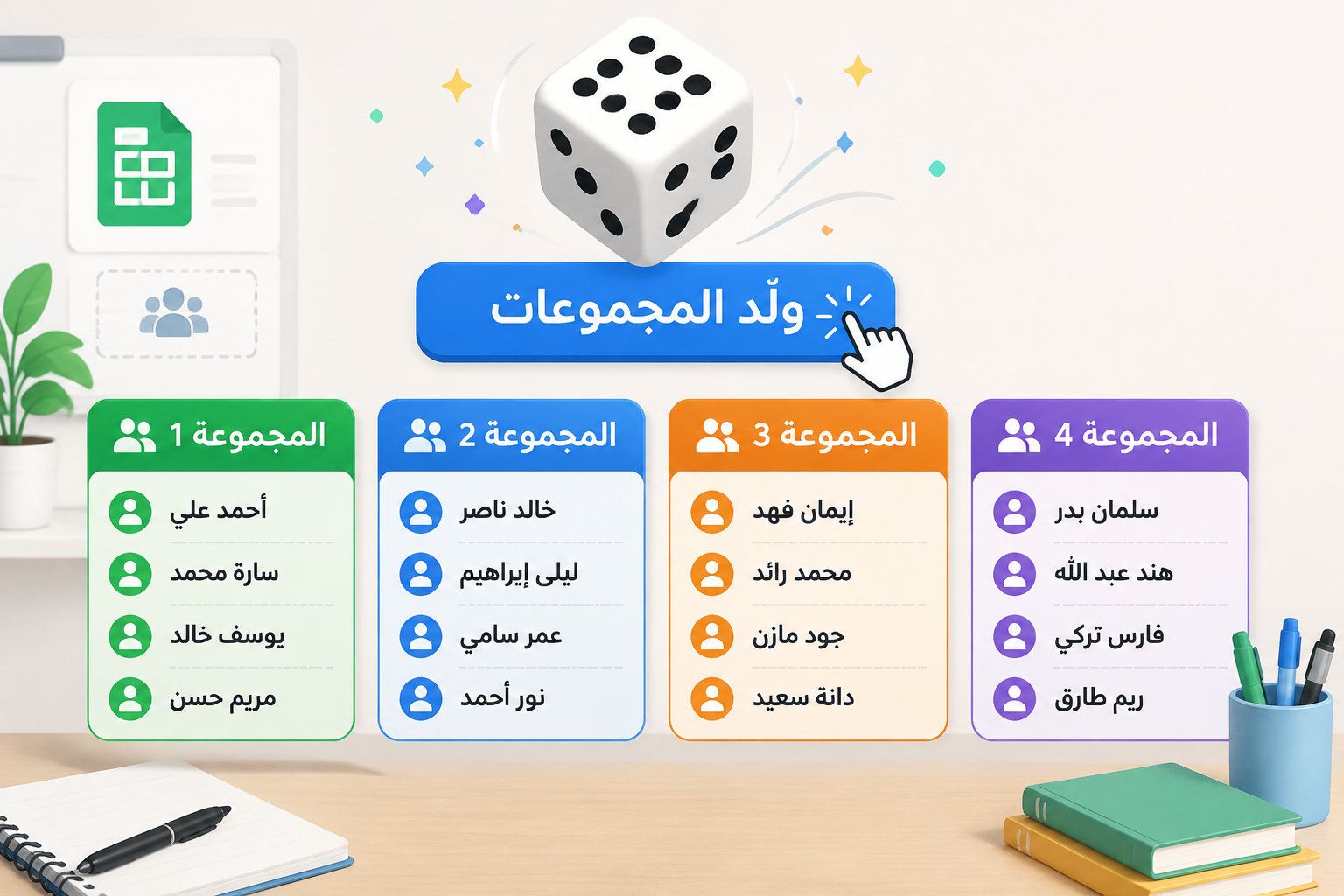 رسم توضيحي لعدة صناديق ملونة، كل منها يحتوي على أسماء أشخاص، مع أيقونة نرد في الأعلى ترمز إلى العشوائية.