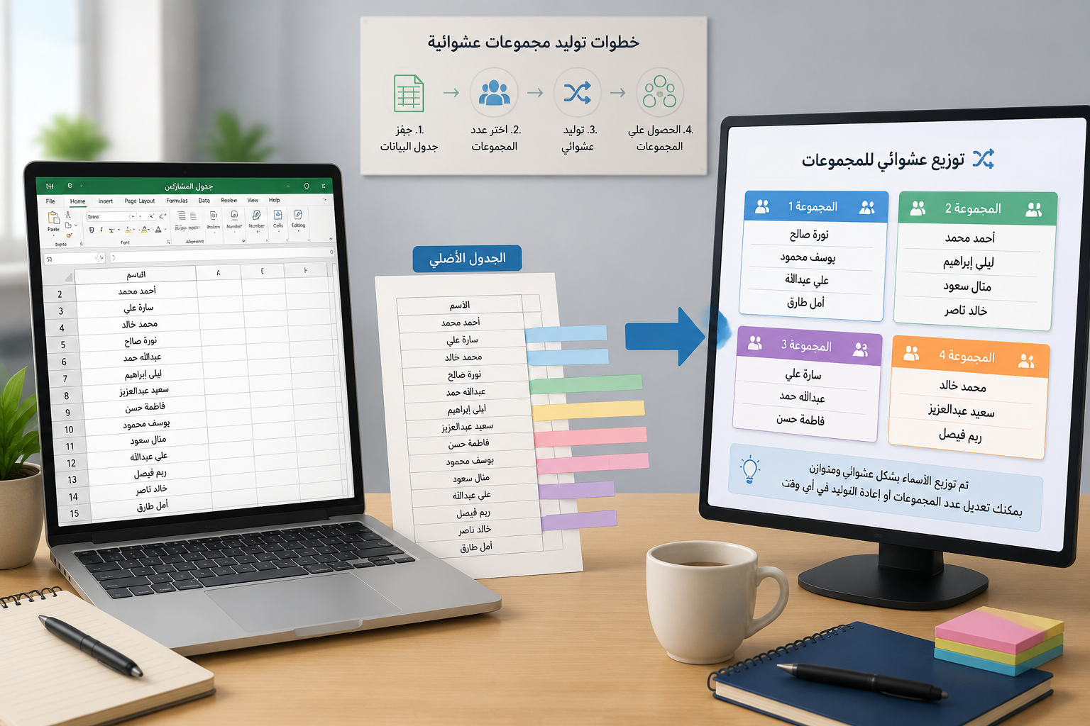 رسم توضيحي يظهر جهاز حاسوب محمول بجانبه جدول بيانات ورقي تتحول صفوفه إلى مجموعات ملونة عبر سهم يشير إلى شاشة تعرض توزيعاً عشوائياً.