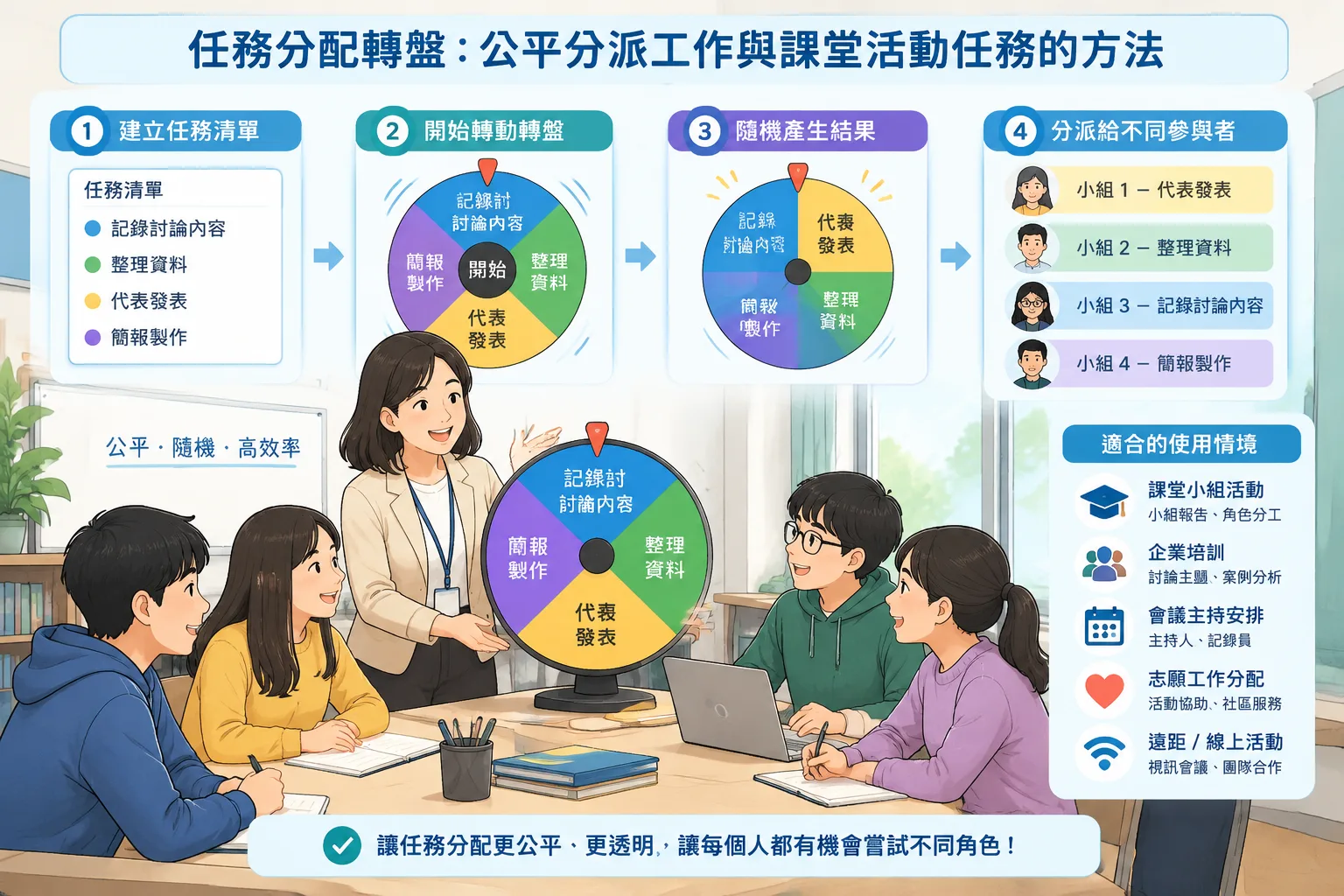 清楚展示任務分配轉盤如何將不同任務隨機分派給多位參與者的教學插圖