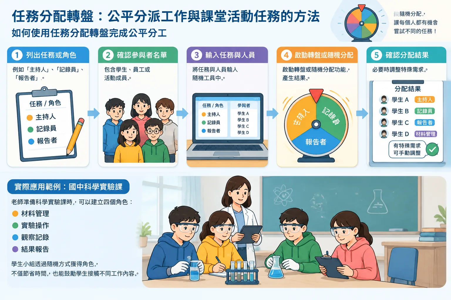 教育活動中使用隨機任務分配流程的簡潔步驟圖