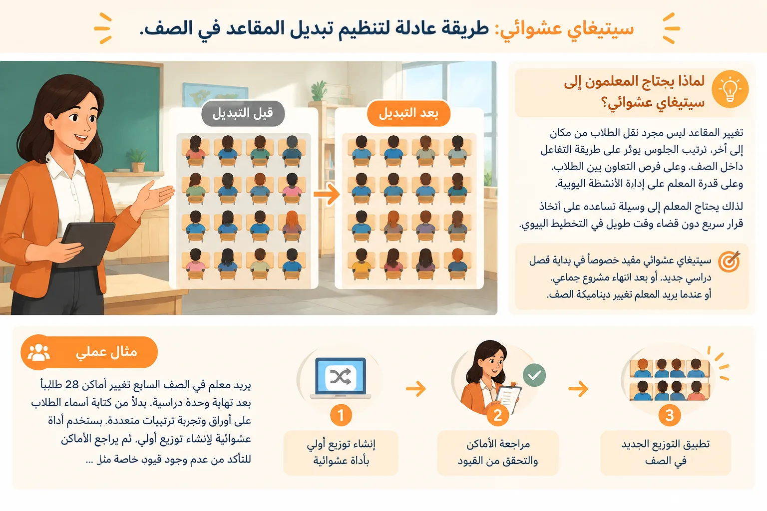 تنظيم مقاعد صفية في شبكة بسيطة توضح تبديل المقاعد العشوائي بطريقة تعليمية