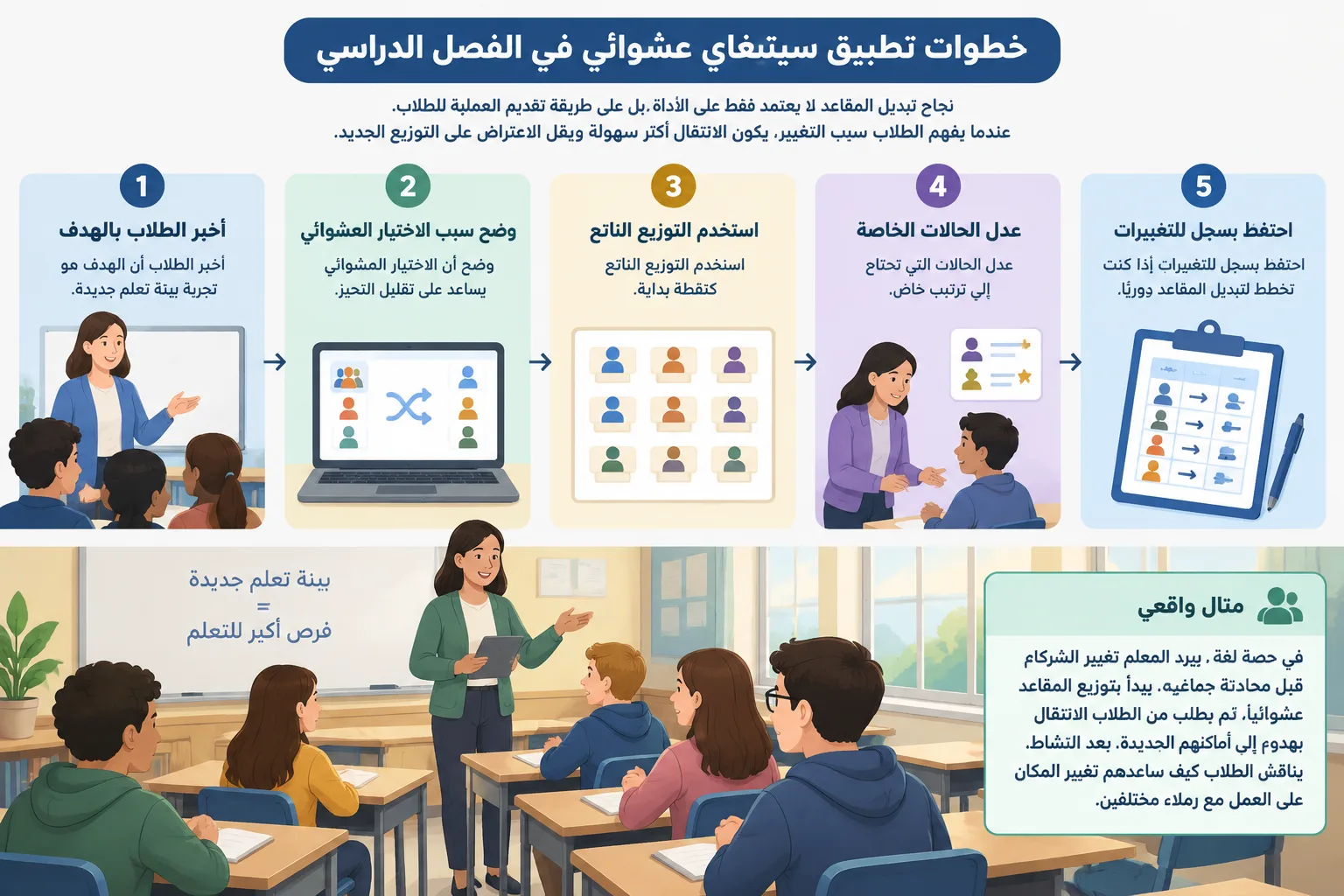 مخطط خطوات من خمس مراحل يشرح إدخال الأسماء ثم التوزيع ثم المراجعة