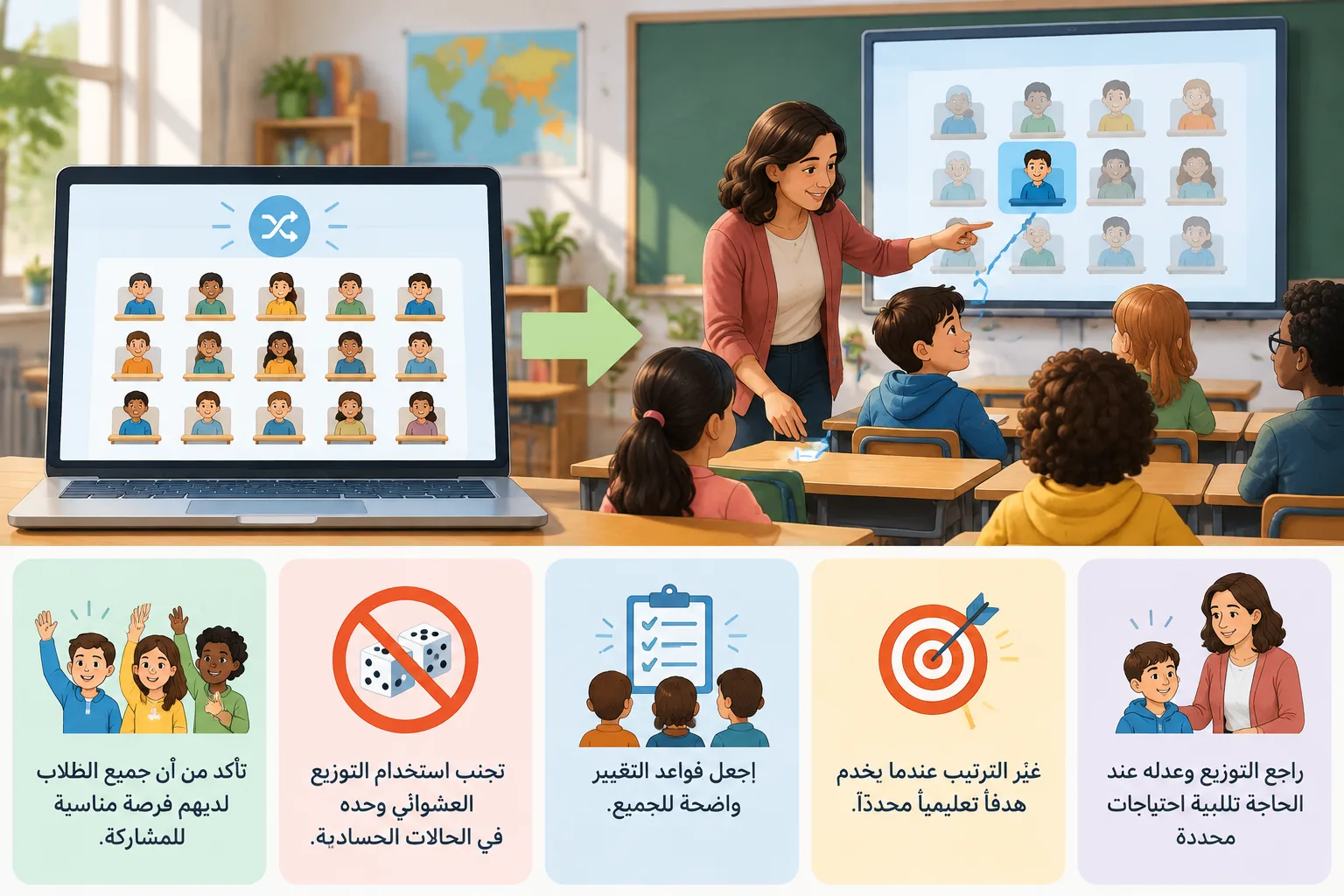 إنفوجرافيك تعليمي يوضح التوازن بين الاختيار العشوائي ومراجعة المعلم