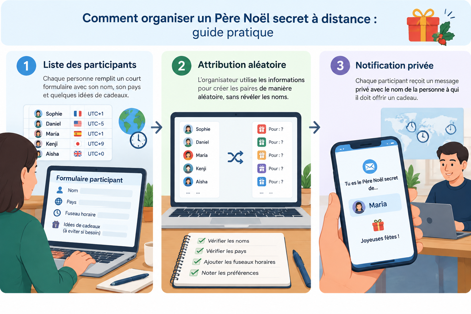 Schéma simple montrant les étapes liste des participants puis attribution aléatoire puis notificatio