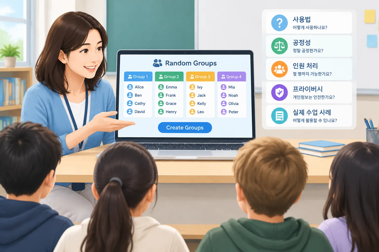 Clean instructional illustration of a teacher screen splitting a class list into four balanced rando