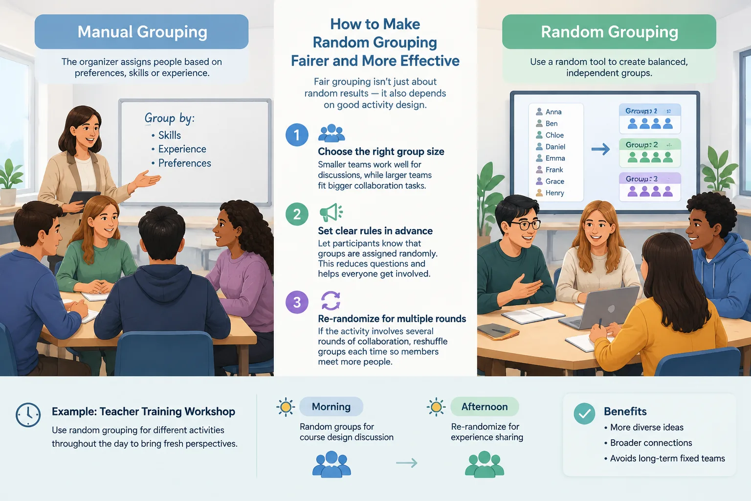 neutral infographic comparing manual grouping and random grouping workflows