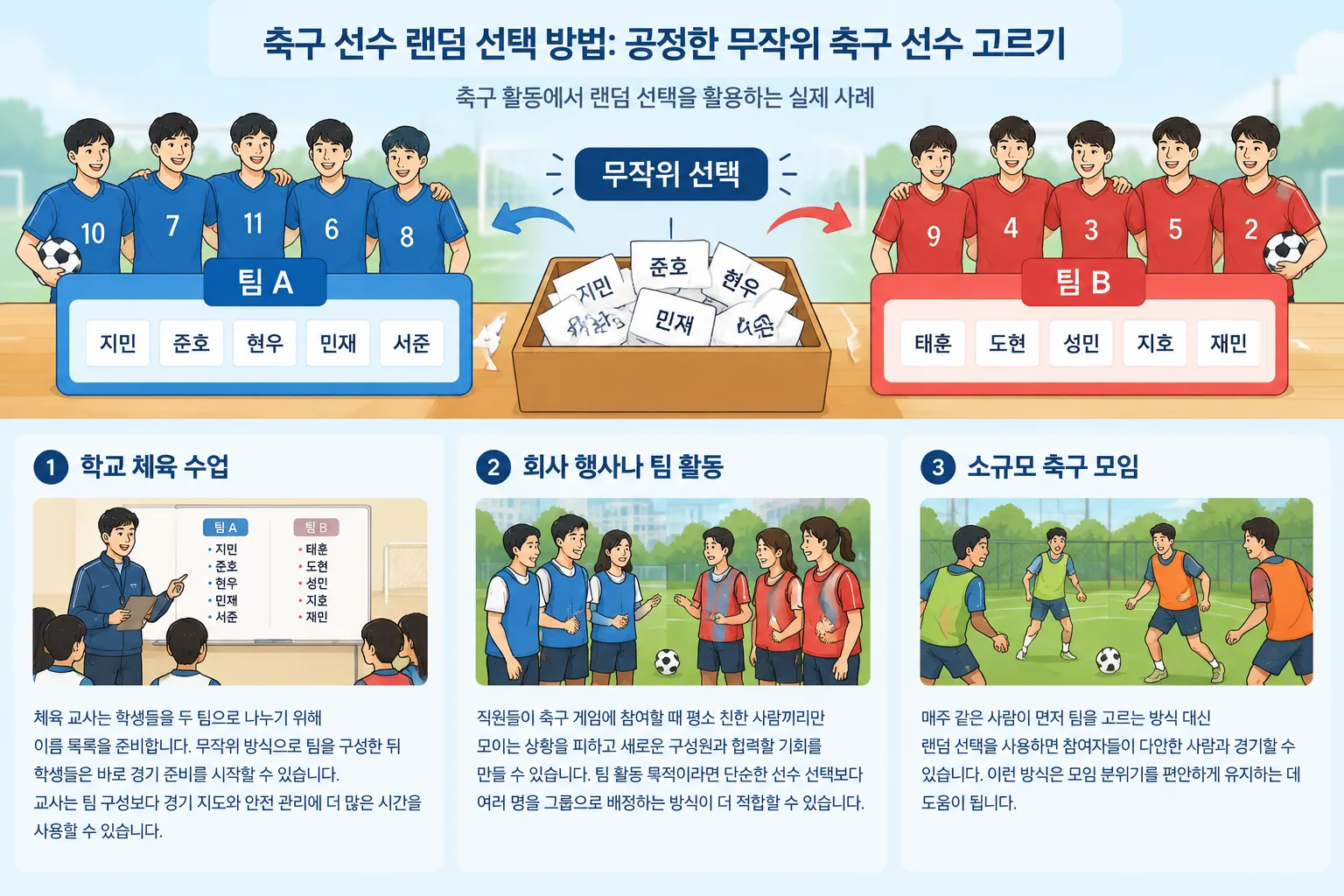 축구 참가자 이름 카드가 두 개의 팀으로 나뉘는 깔끔한 그룹 배정 그림