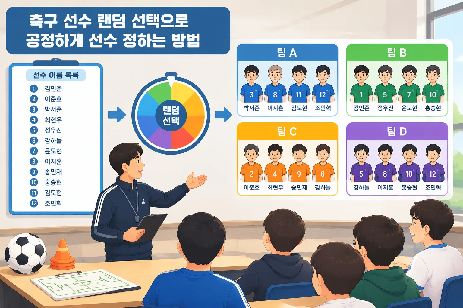 간단한 축구 선수 이름 목록이 여러 팀으로 무작위 배정되는 교육용 인포그래픽