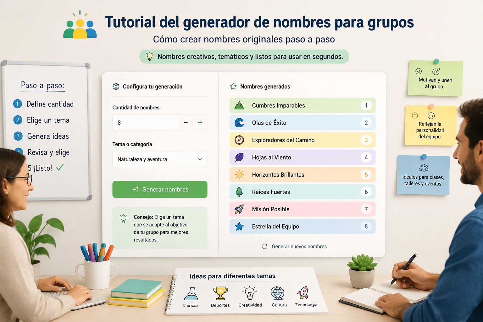 Interfaz limpia del generador de nombres de grupos con campos de cantidad y tema, junto a una lista de resultados variados y coloridos