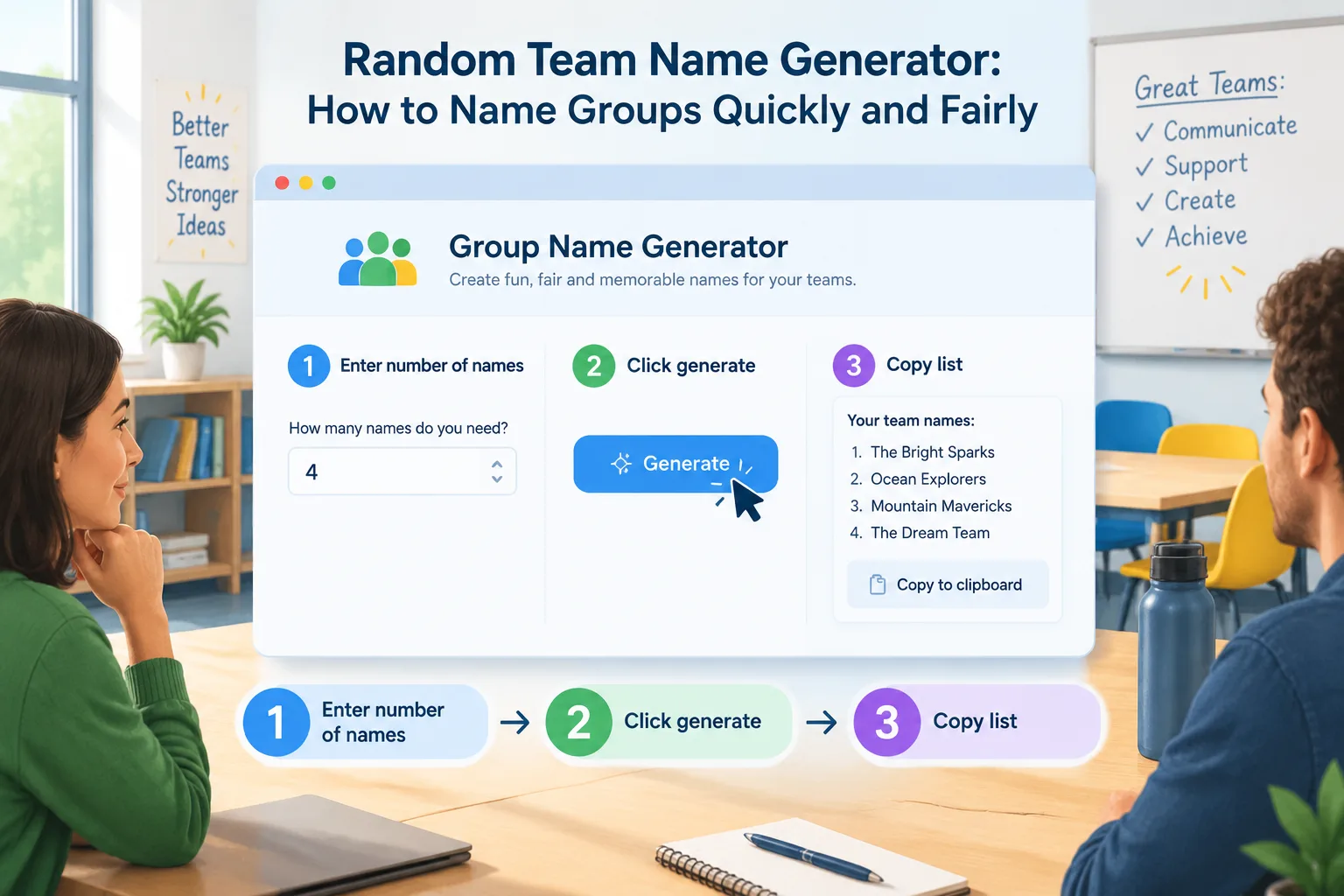 A screenshot-style illustration of the Group Name Generator interface