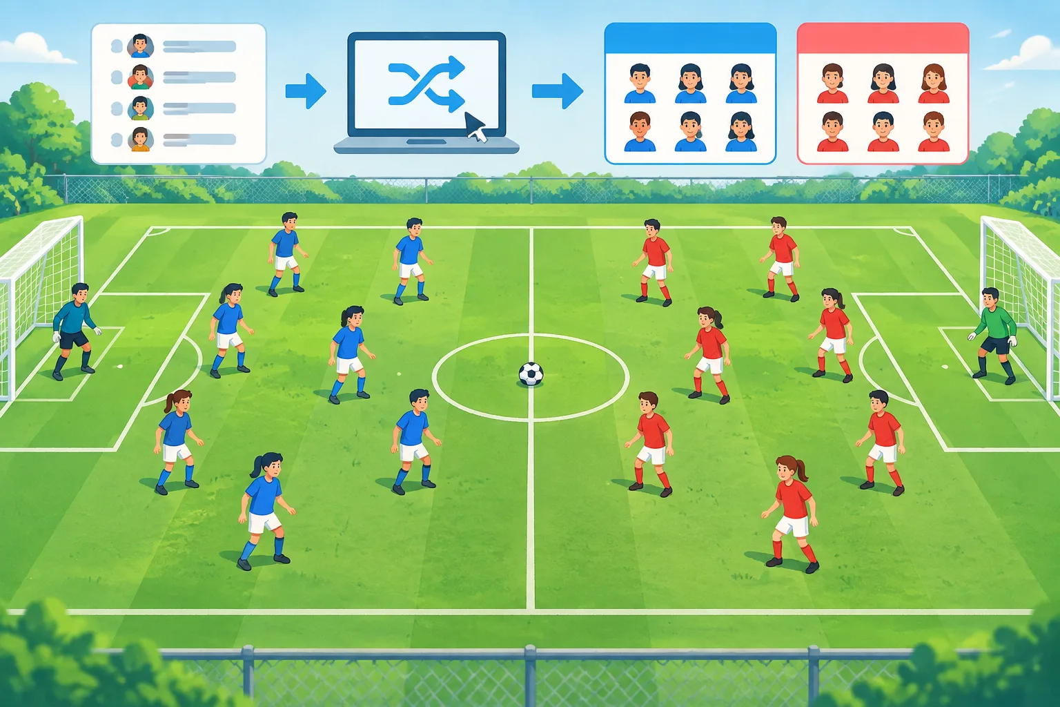 An instructional diagram of a soccer field split into two random teams