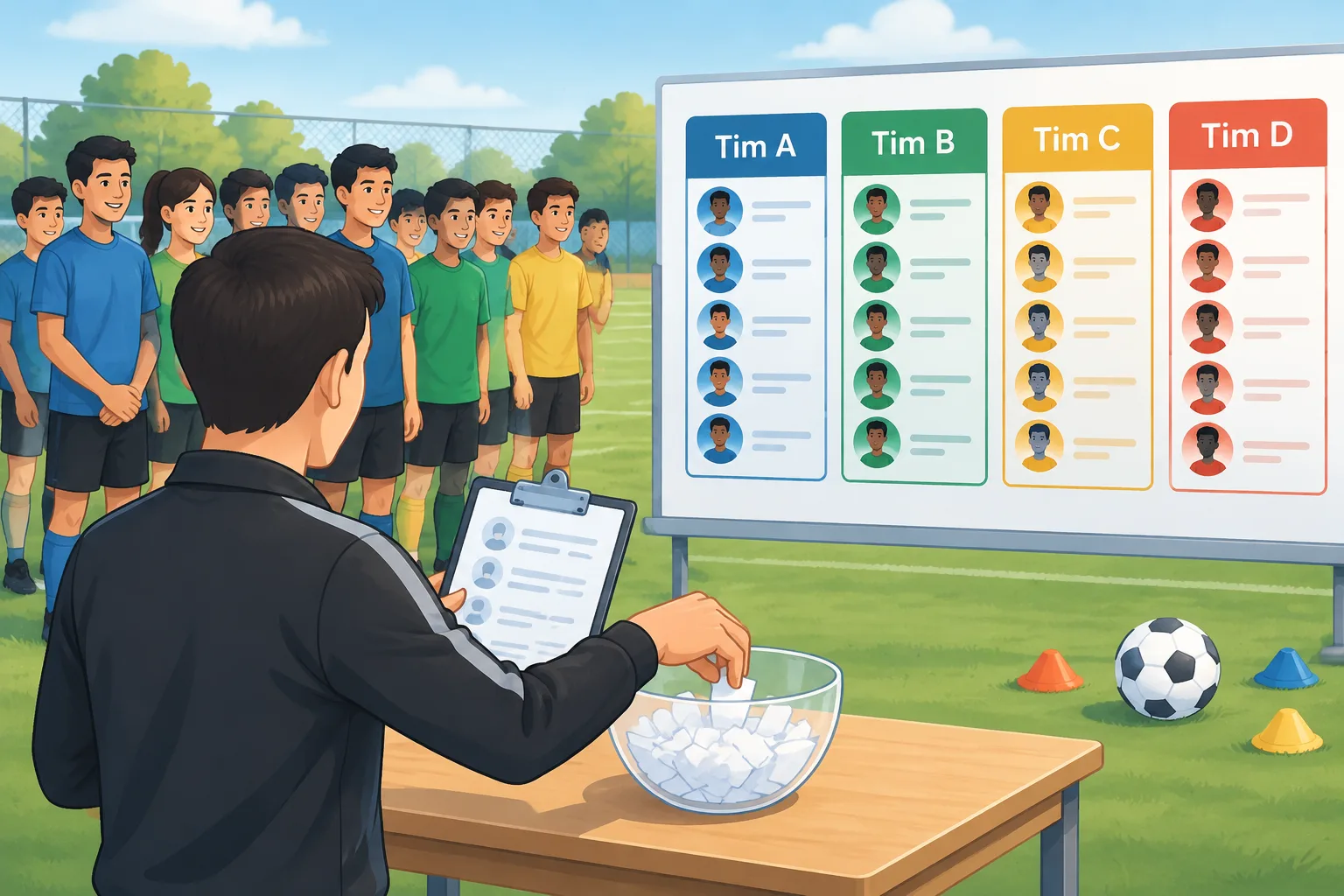 ilustrasi instruksional tentang pembagian pemain sepak bola menjadi beberapa tim menggunakan kisi ke