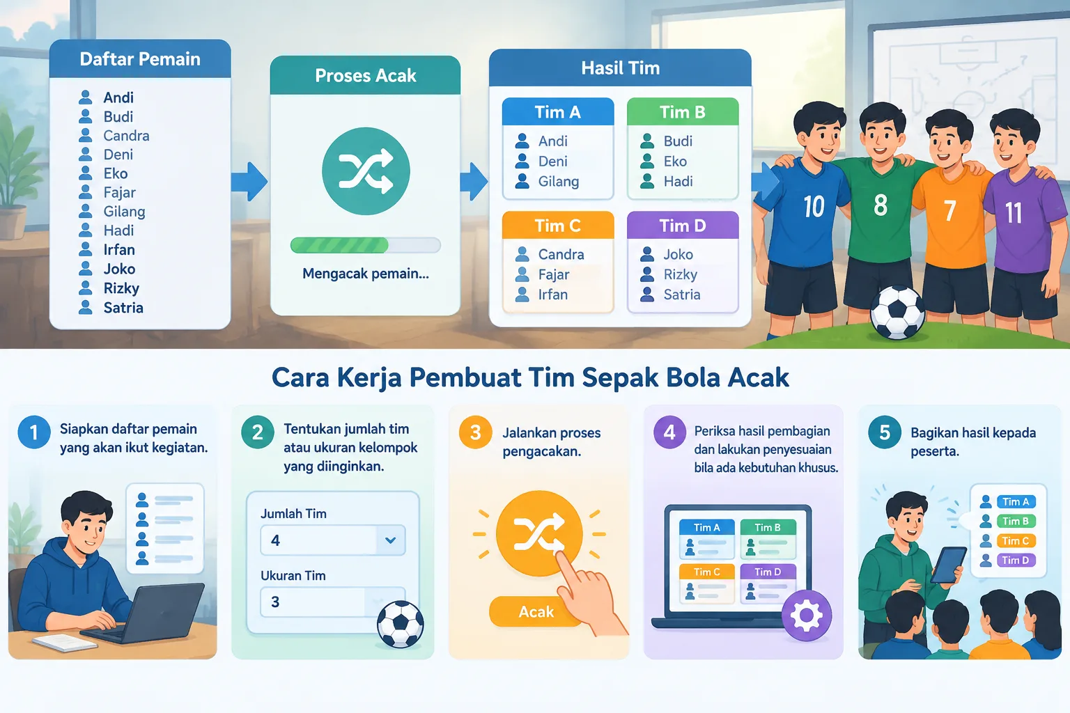 diagram alur sederhana dari daftar pemain ke proses acak lalu hasil beberapa tim sepak bola