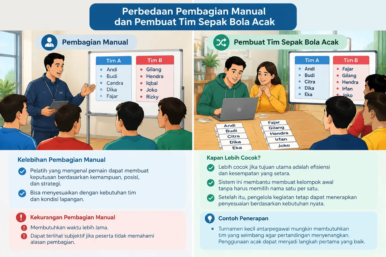 perbandingan visual antara pemilihan tim manual dan pembagian tim otomatis dengan kartu nama pemain