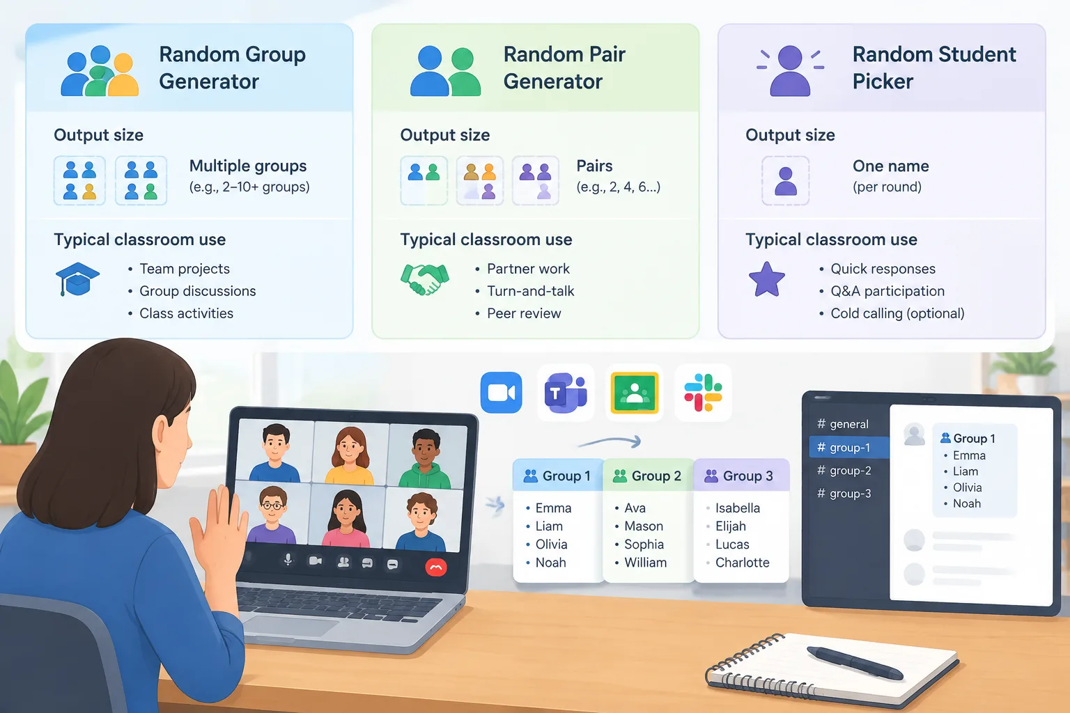 Simple infographic comparing random group generator