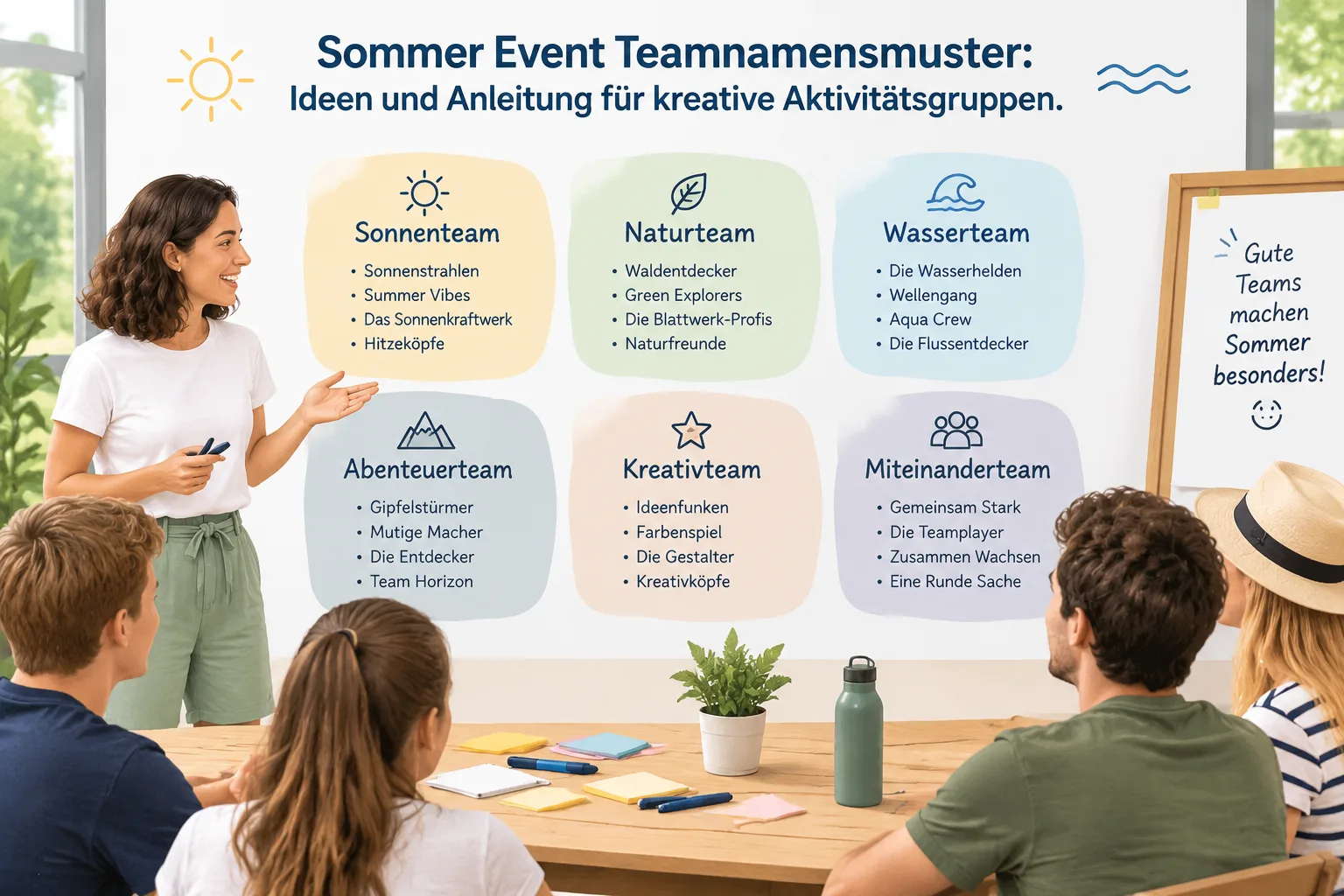 Eine übersichtliche Illustration mit mehreren farbneutralen Gruppenfeldern und Beispiel-Teamnamen fü