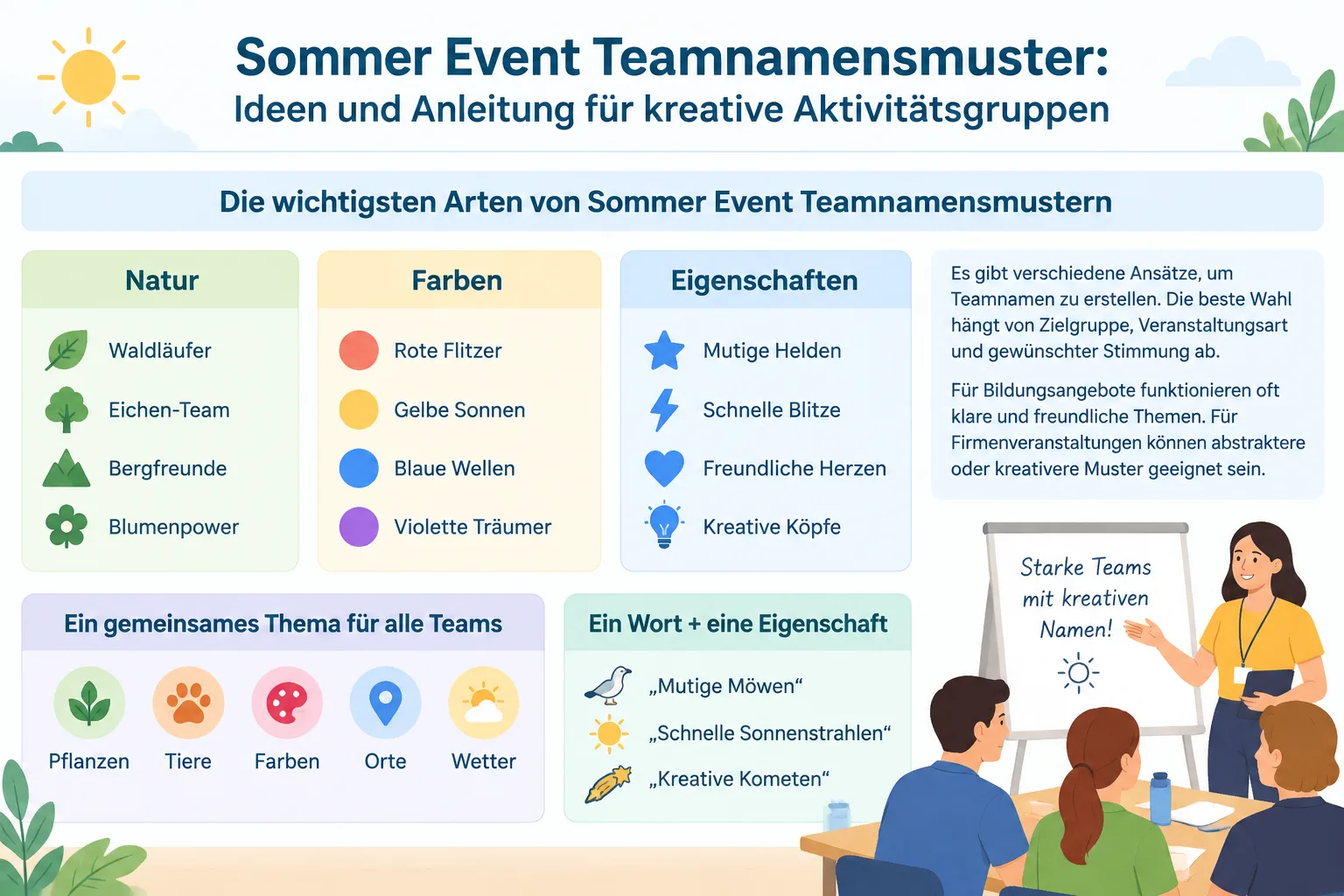 Ein neutrales Diagramm zeigt verschiedene Kategorien für Teamnamen wie Natur