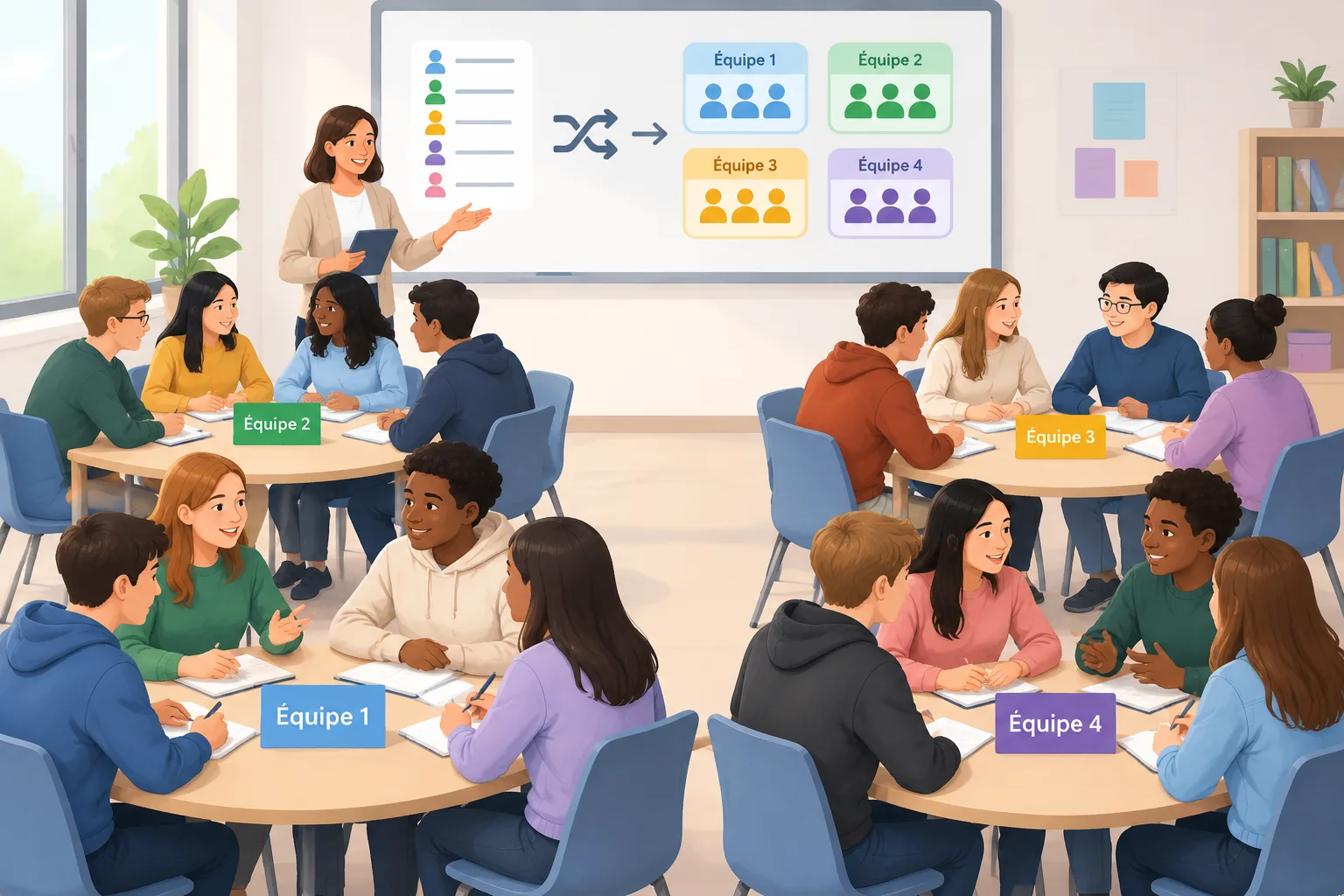 Illustration d'un atelier avec des tables représentant plusieurs équipes créées par une méthode aléa