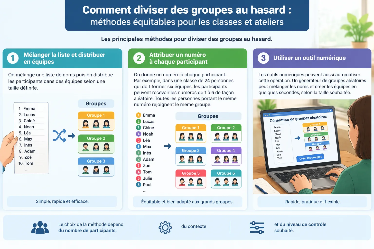 Schéma pédagogique expliquant une liste de noms transformée en plusieurs groupes aléatoires
