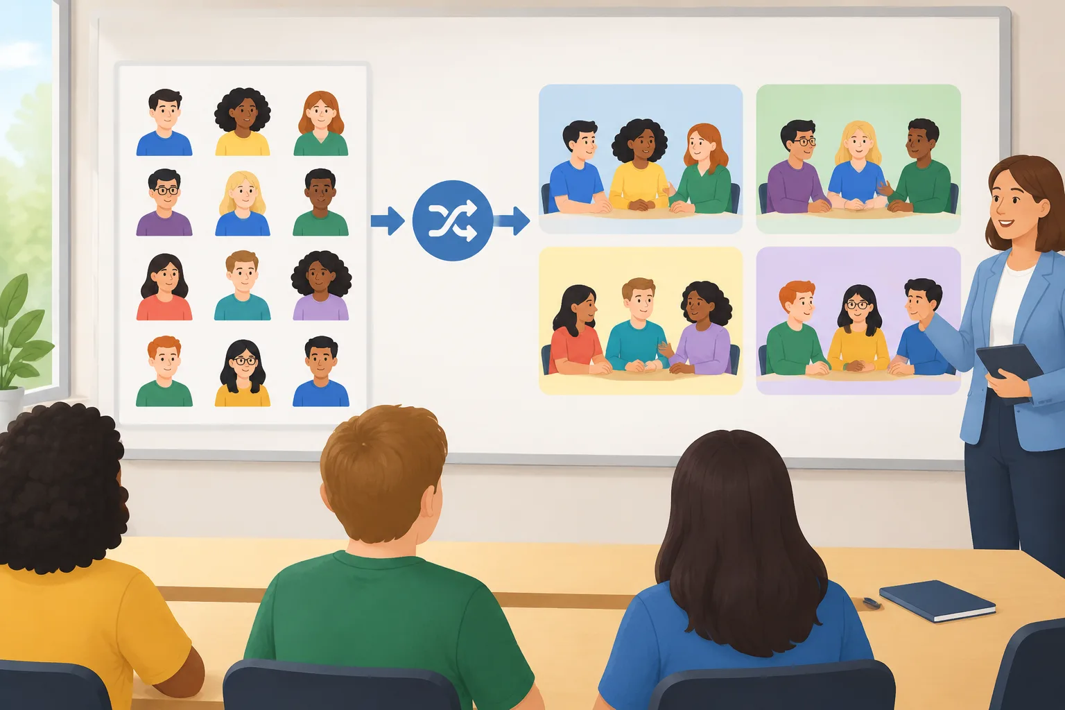 Illustration pédagogique montrant une grille de participants répartis en petits groupes équilibrés a