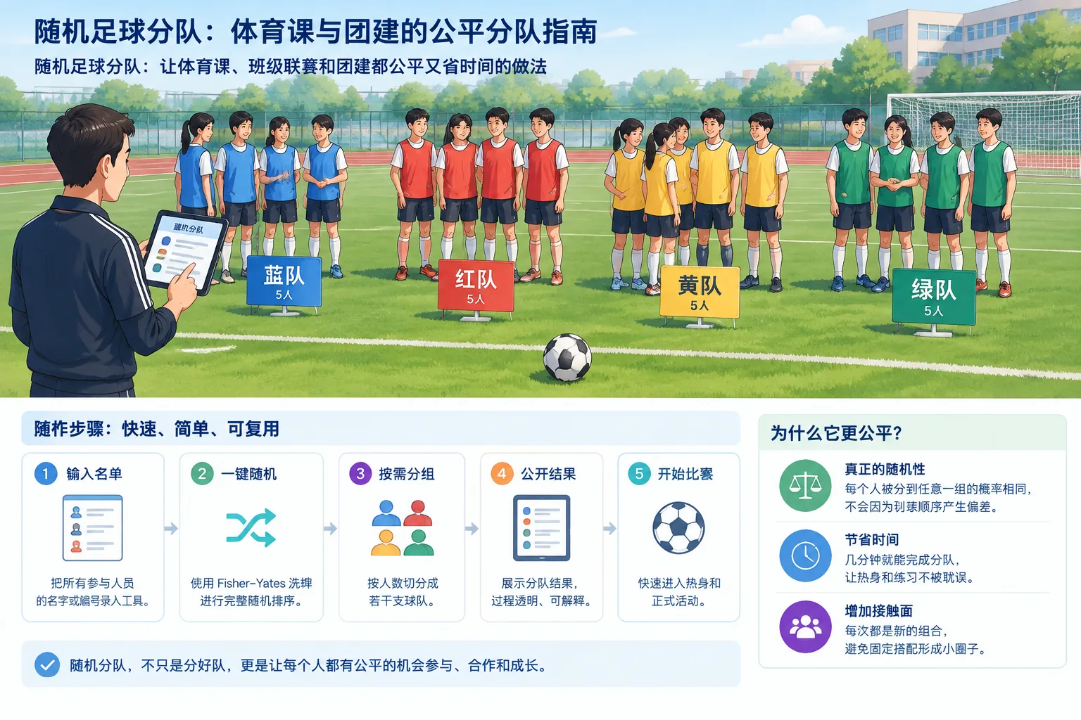 clean instructional illustration of twenty students on a green soccer field being divided into four