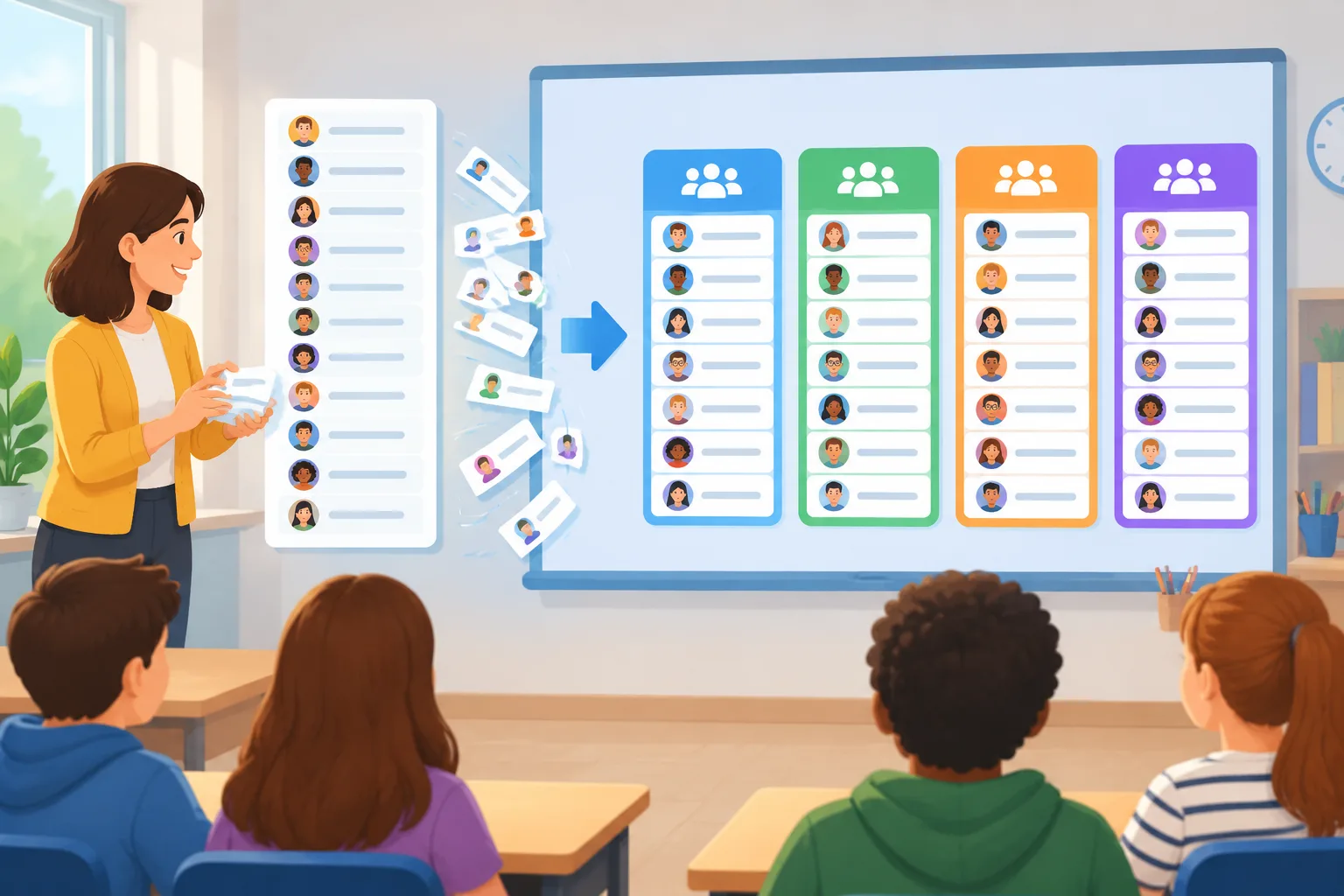Illustration of a classroom name list being shuffled into four balanced team columns