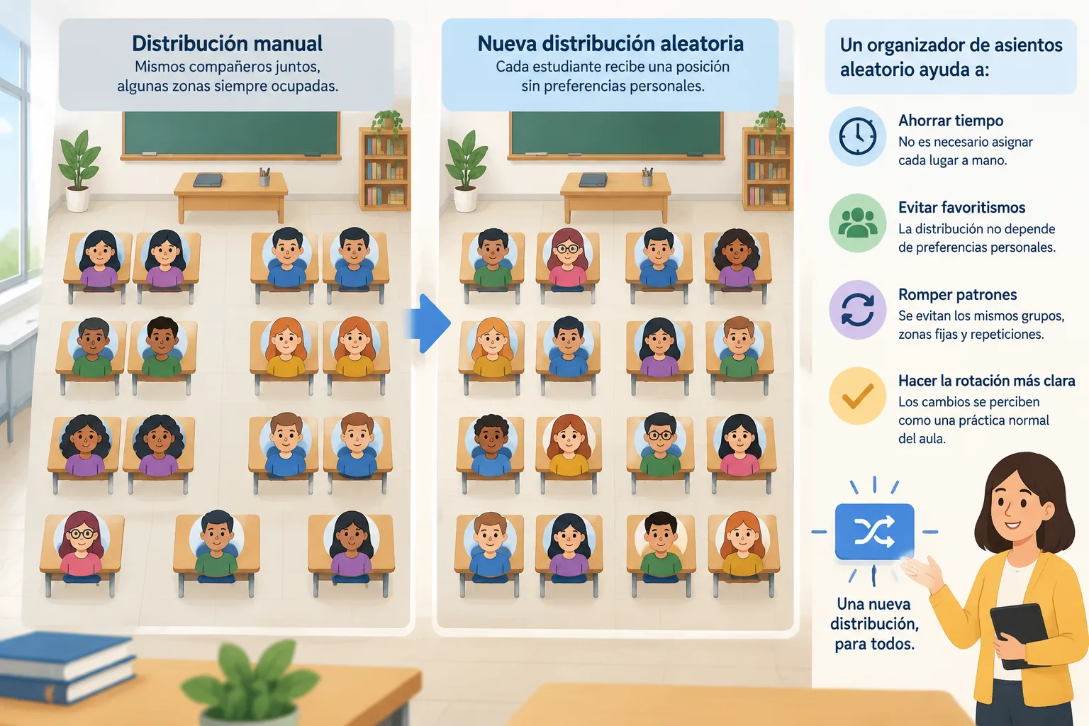 Diagrama educativo con una cuadrícula de aula mostrando estudiantes representados por iconos y una n