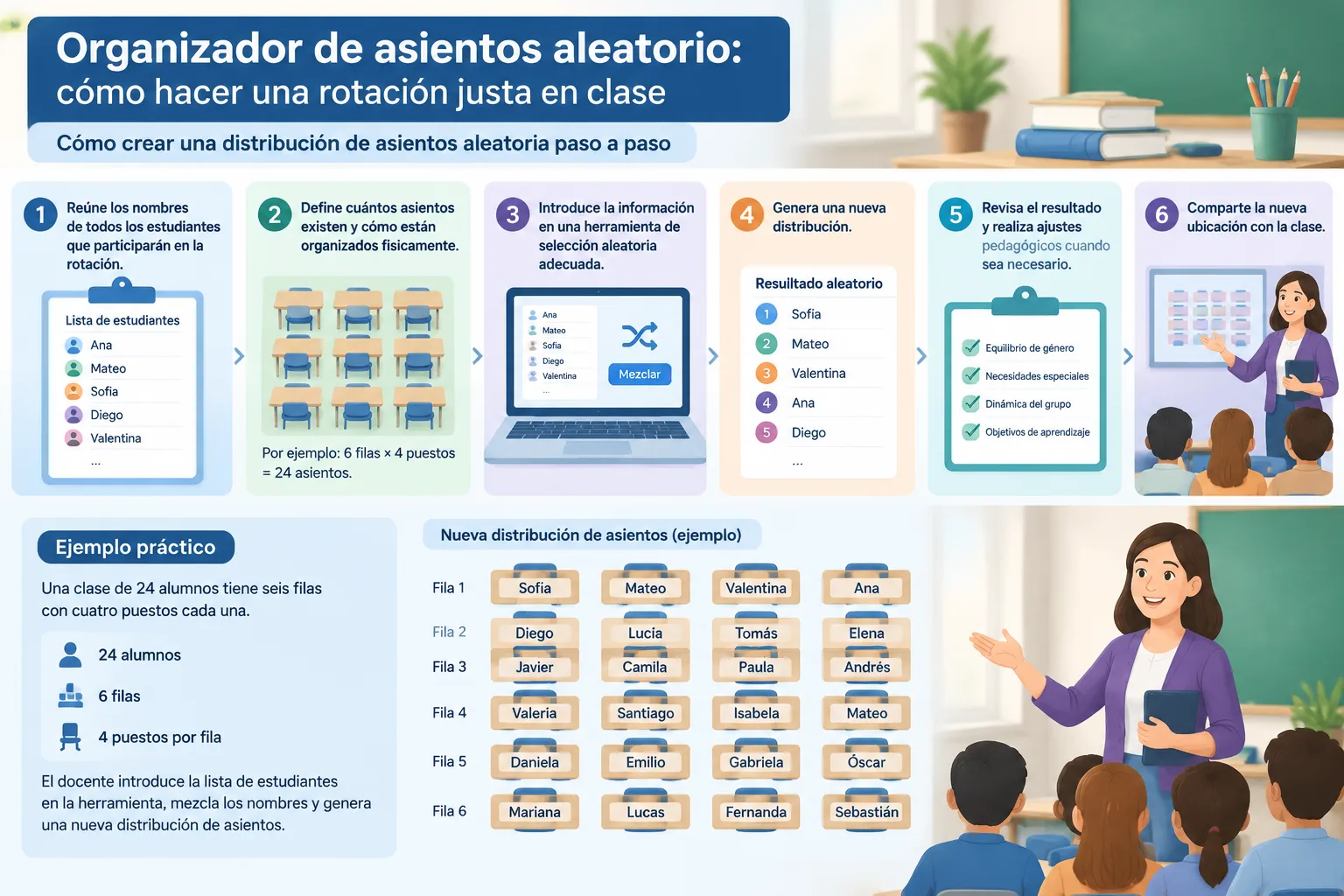 Infografía paso a paso que muestra nombres de estudiantes