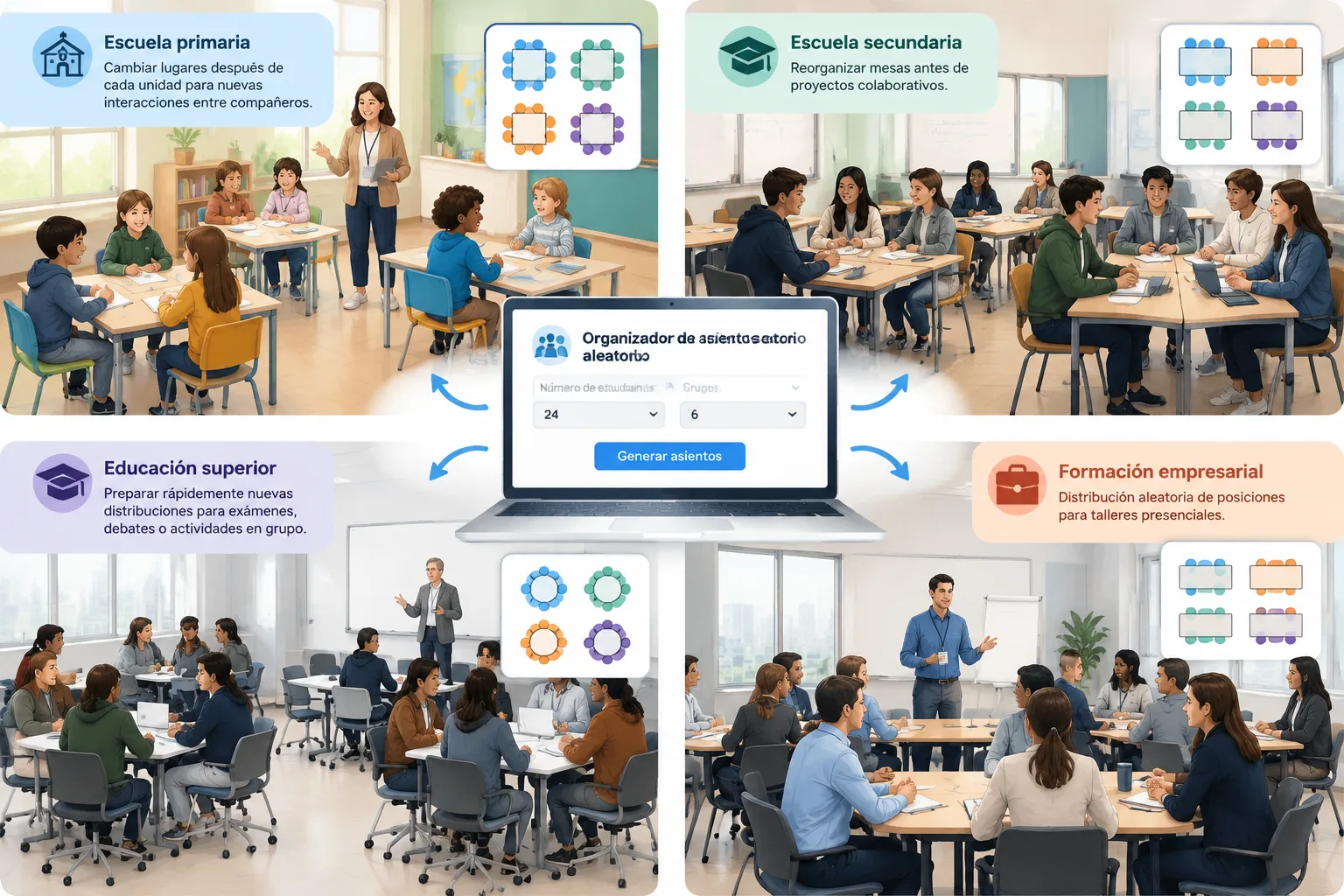Escena ilustrativa neutral de aula y taller mostrando diferentes configuraciones de asientos organiz
