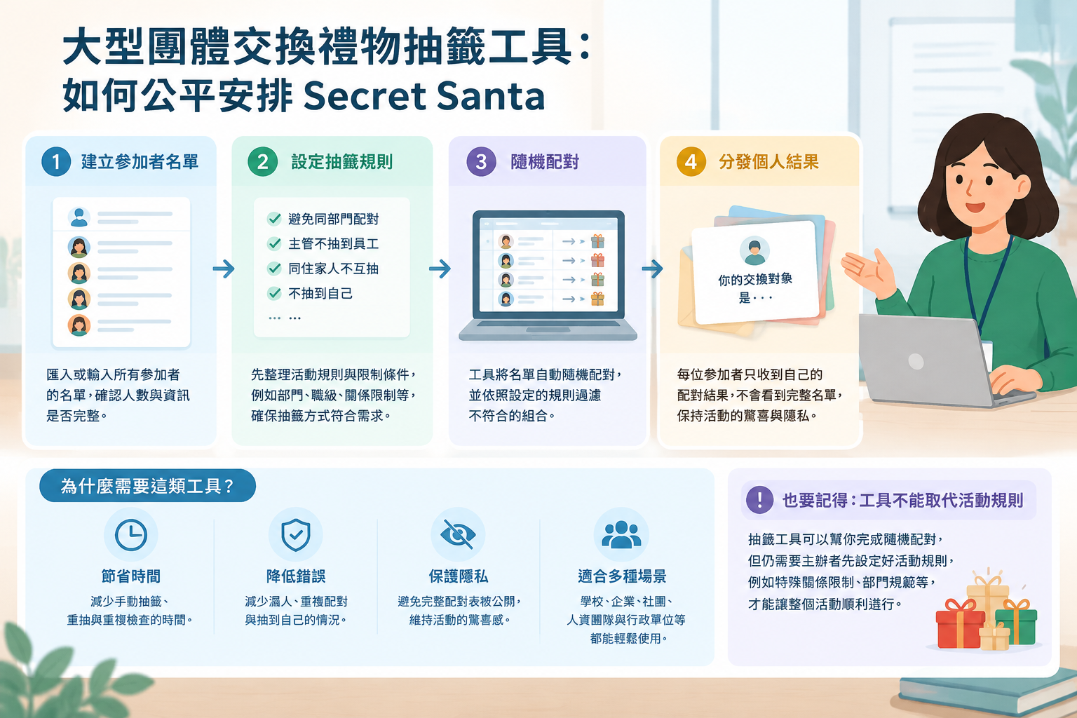 一張乾淨的教學型資訊圖,展示大型團體交換禮物從參加者名單到隨機配對結果的流程,以簡單卡片和連線表示,不使用品牌標誌或真實人物