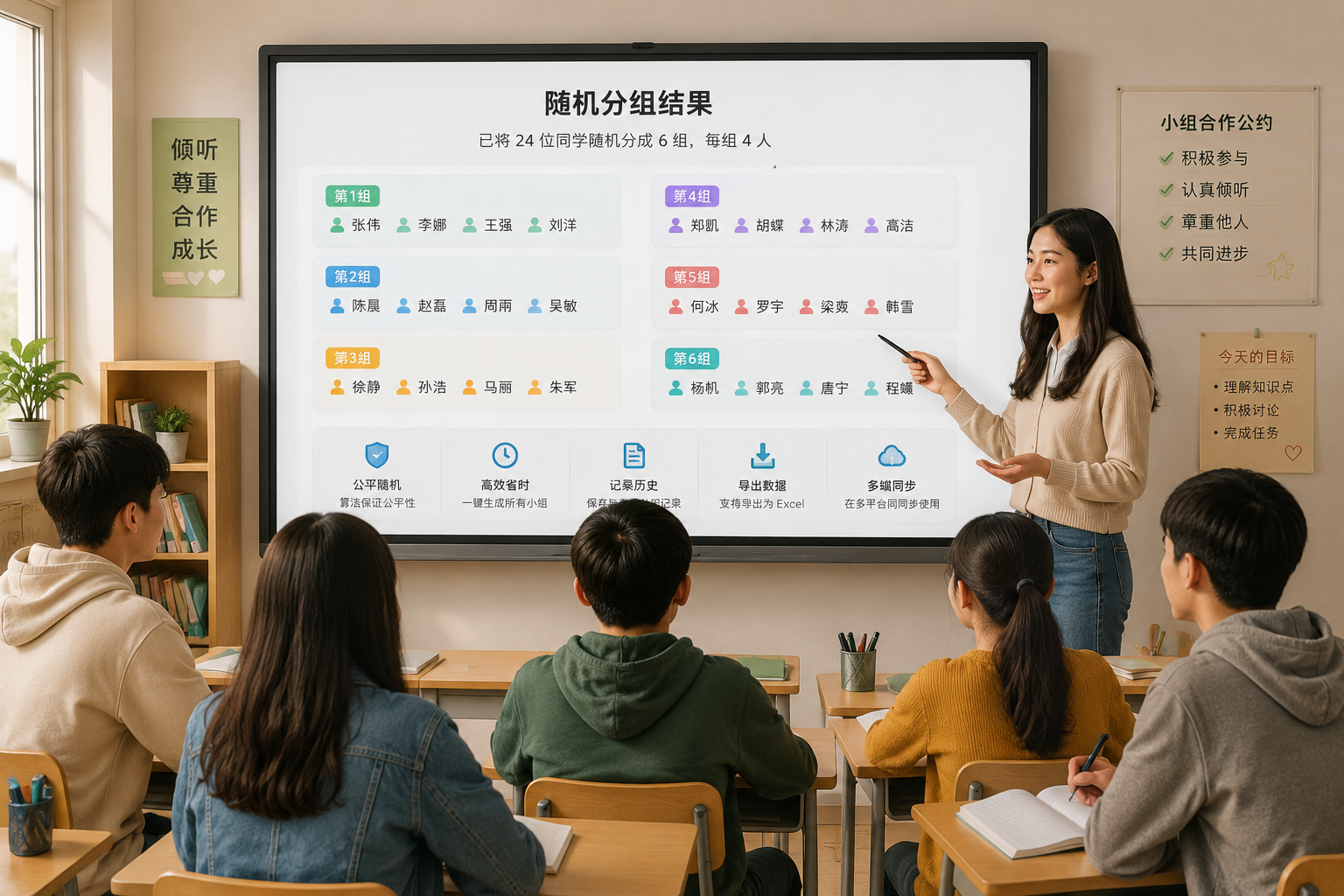 A teacher standing beside a digital whiteboard showing randomly generated groups in a list, while students in the classroom look at the board and prepare to move into groups, warm educational setting.