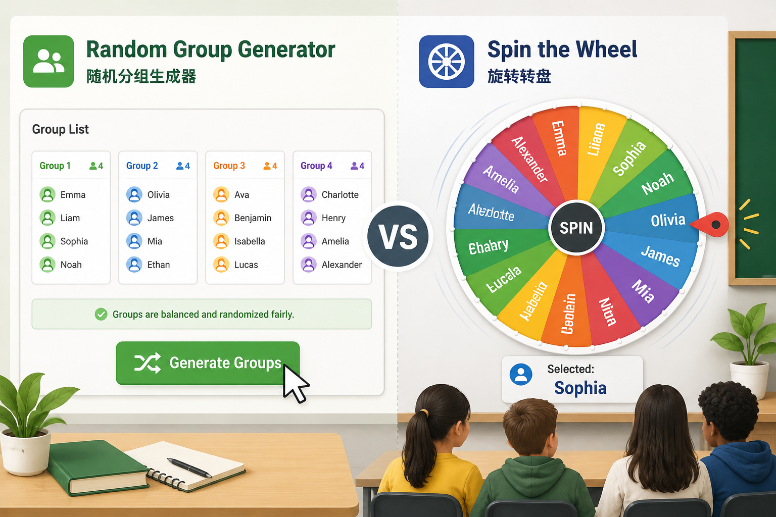 A split-screen comparison showing a clean group list layout on the left and a colorful spinning wheel on the right, with a teacher's cursor about to click the group generator.