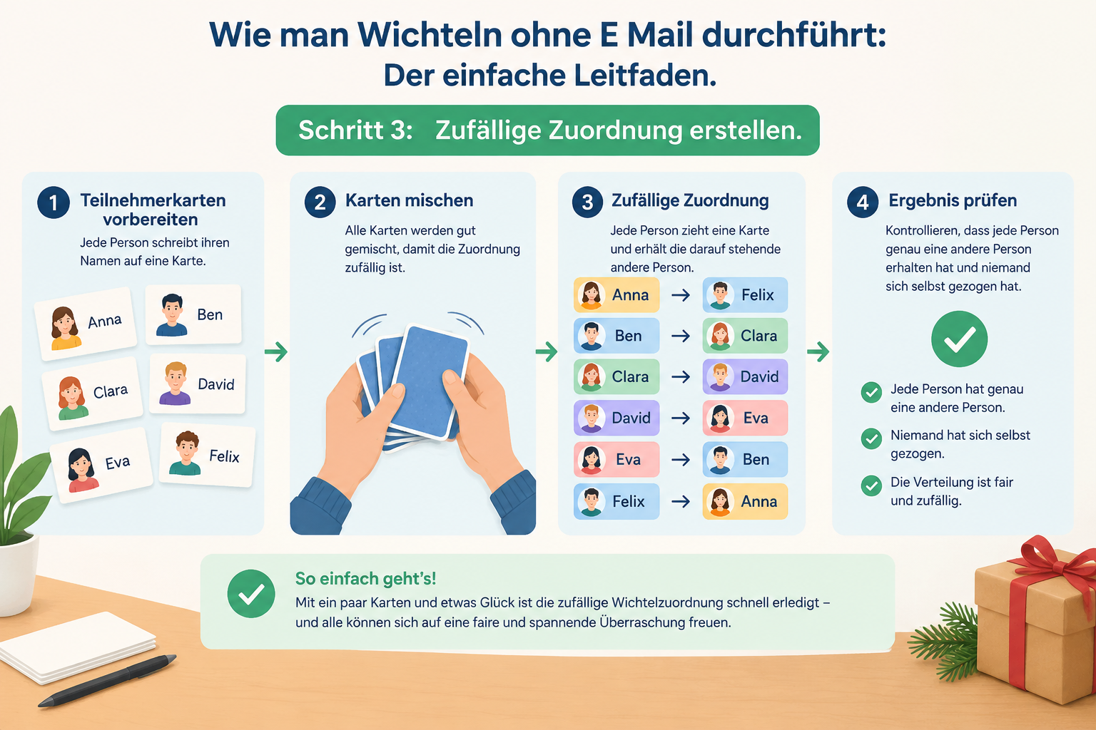 Ein neutrales Diagramm mit Teilnehmerkarten zeigt einen Schritt-für-Schritt-Ablauf einer zufälligen