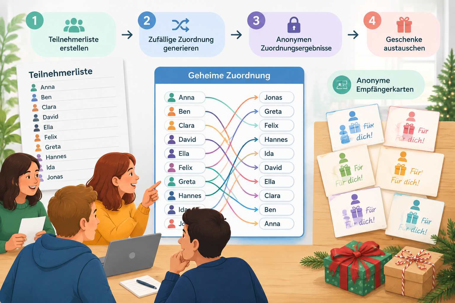 Eine einfache Infografik zeigt einen geheimen Geschenkaustausch mit anonymen Teilnehmerkarten und Ve