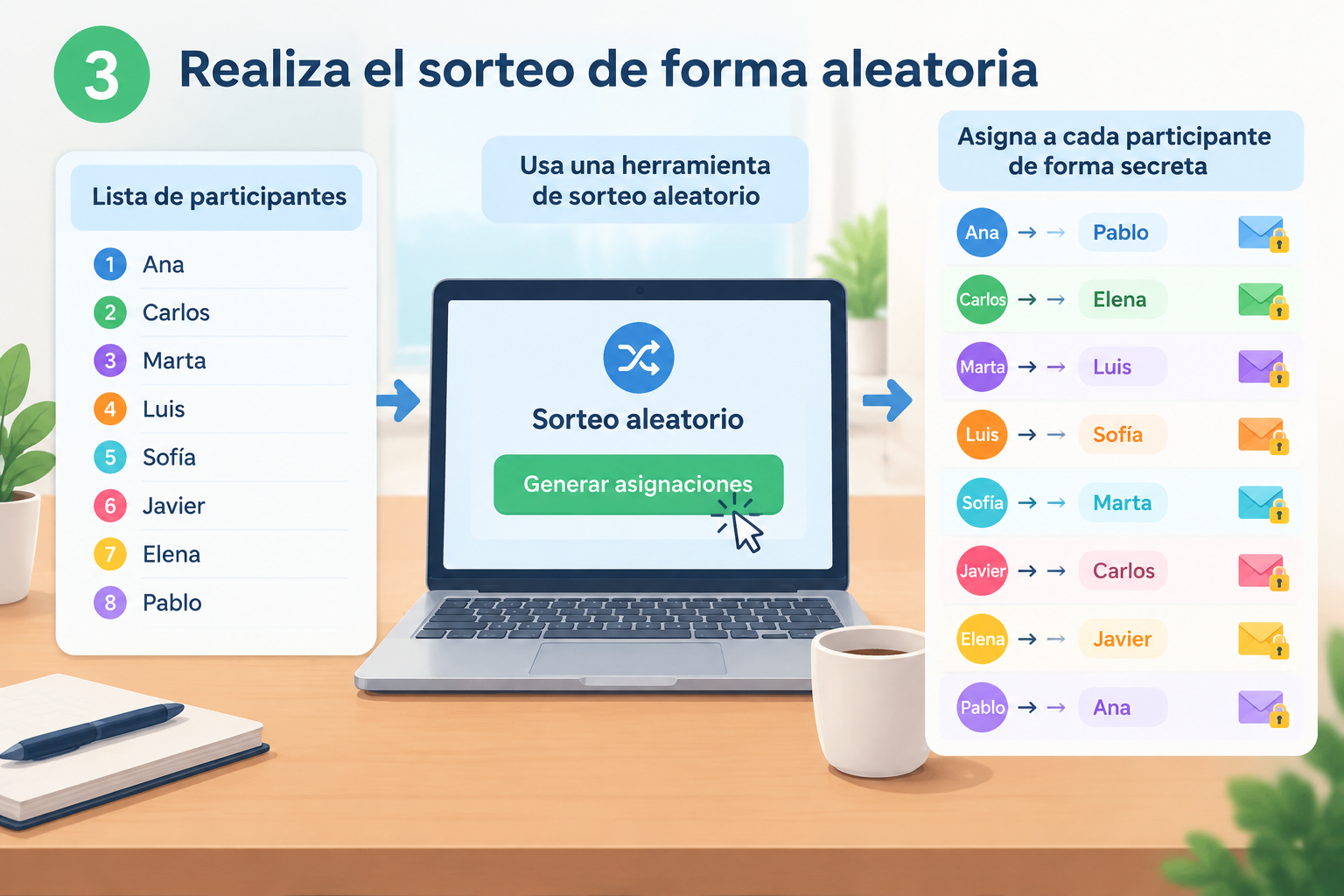 Infografía limpia mostrando una lista de participantes transformándose en asignaciones secretas indi