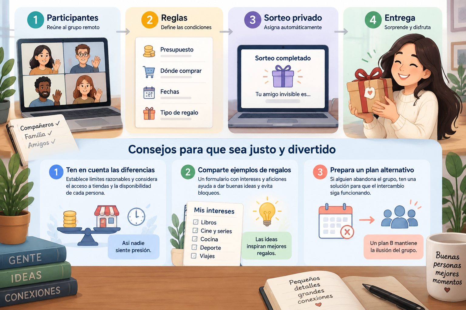 Flujo visual de organización con pasos de participantes, reglas, sorteo privado y entrega