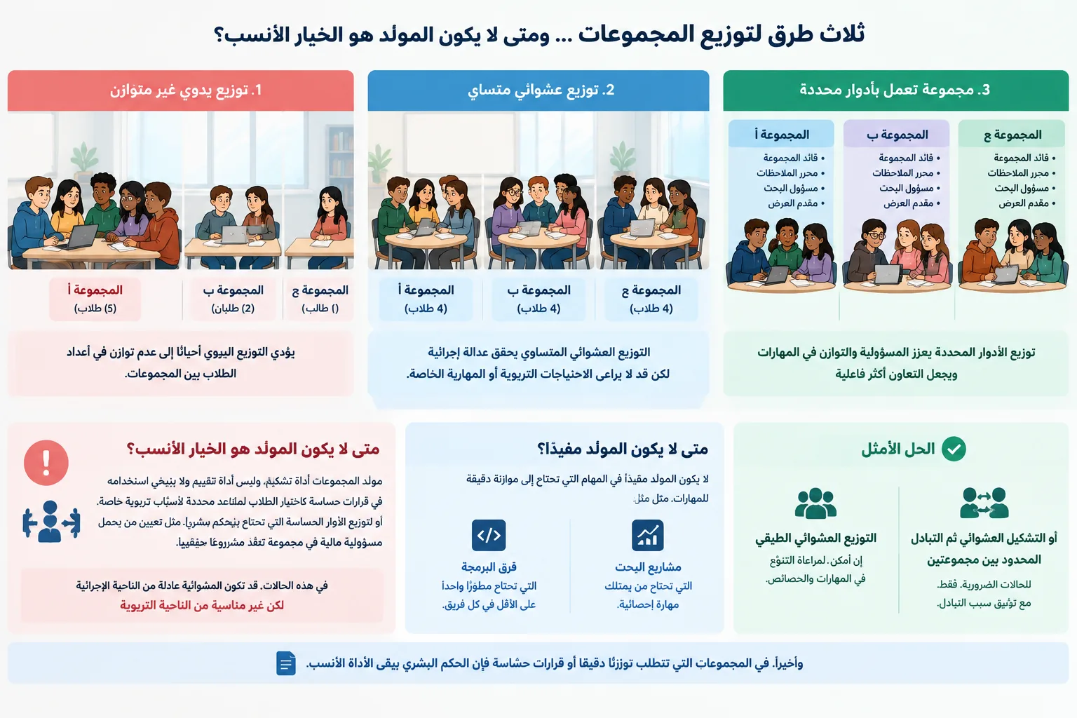 توضيح ثلاثي يقارن بين توزيع يدوي غير متوازن وتوزيع عشوائي متساوٍ ومجموعة تعمل بأدوار محددة