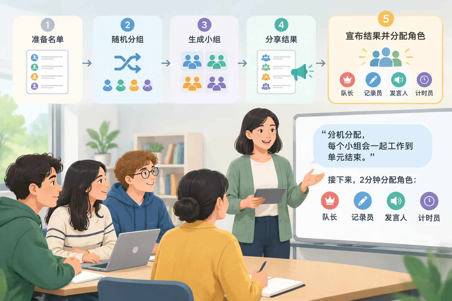 مخطط خطوات من خمس مراحل ينتقل من قائمة أسماء إلى مجموعات دراسة جاهزة مع أسهم واضحة