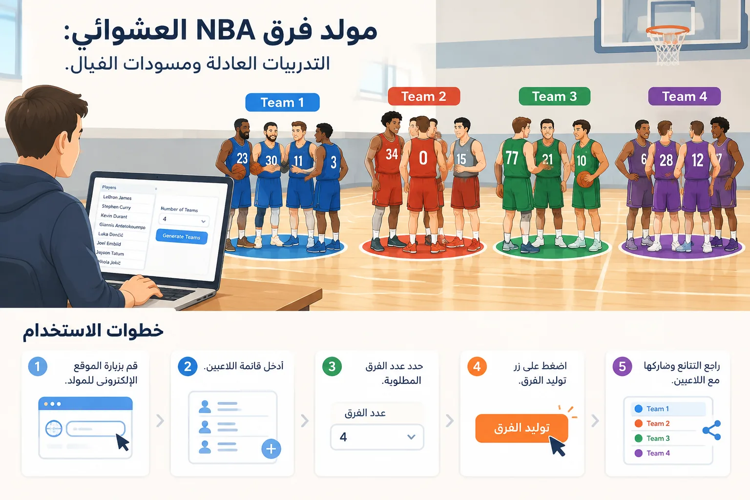 Illustration of a basketball team being randomly assigned players on a court