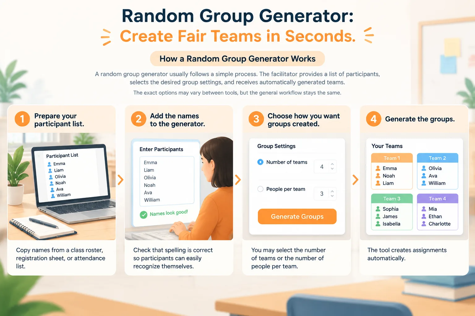 Instructional diagram showing three steps: enter names, choose group size, receive random teams