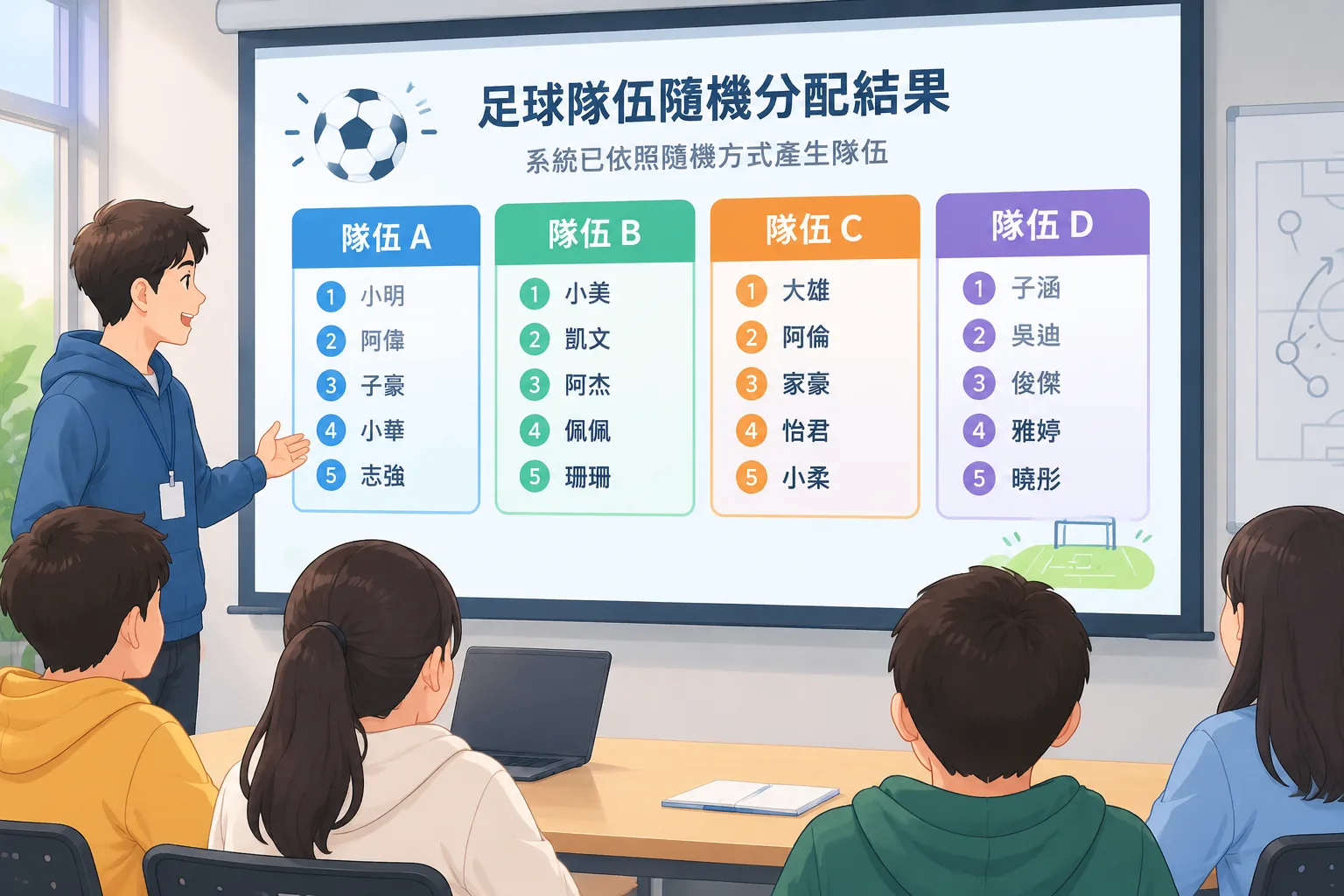 簡潔的足球隊伍隨機分配表格示意圖，包含多個隊伍欄位與球員名稱