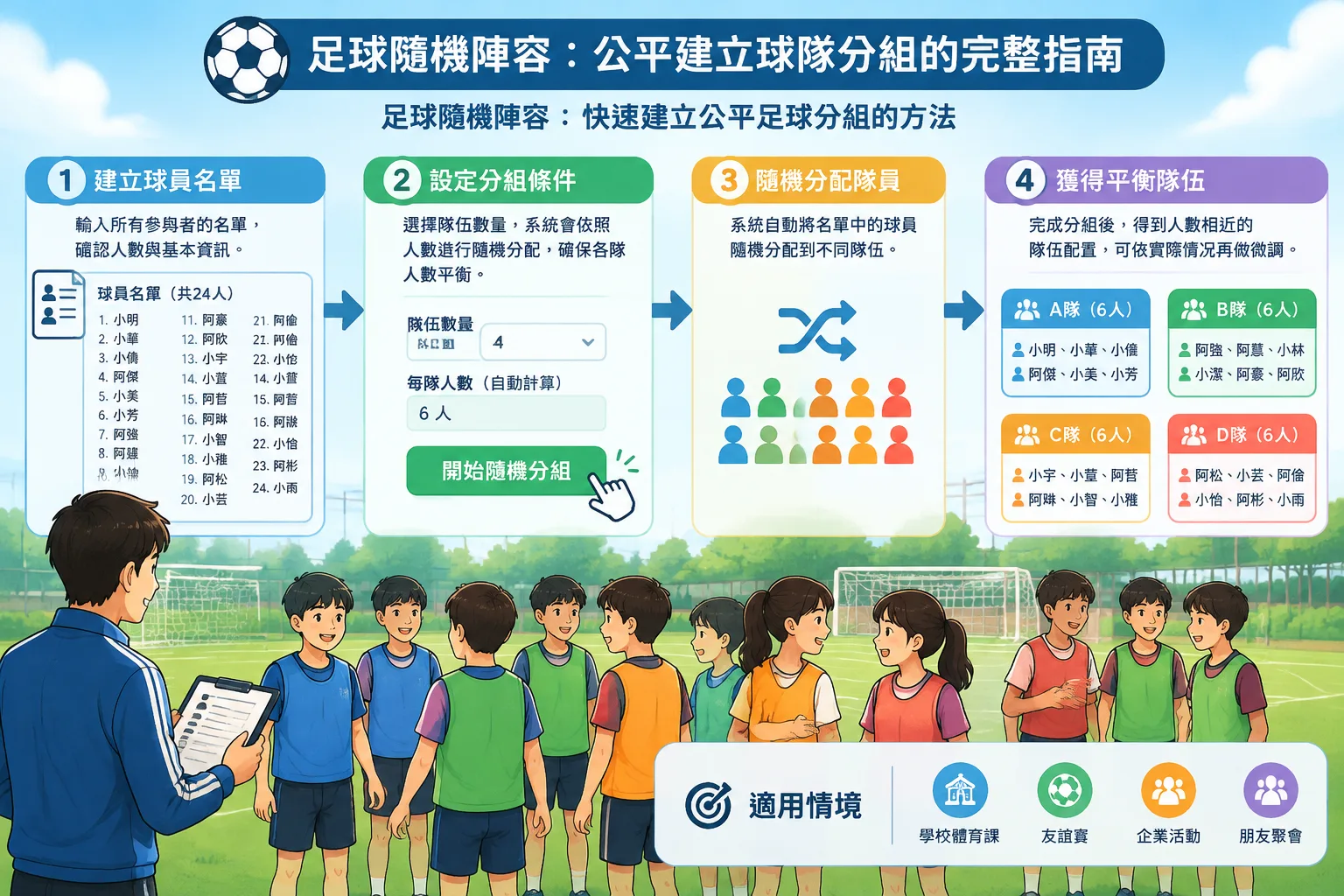 足球活動中使用隨機分組流程的教學插圖，展示球員名單轉換成平衡隊伍的簡單流程