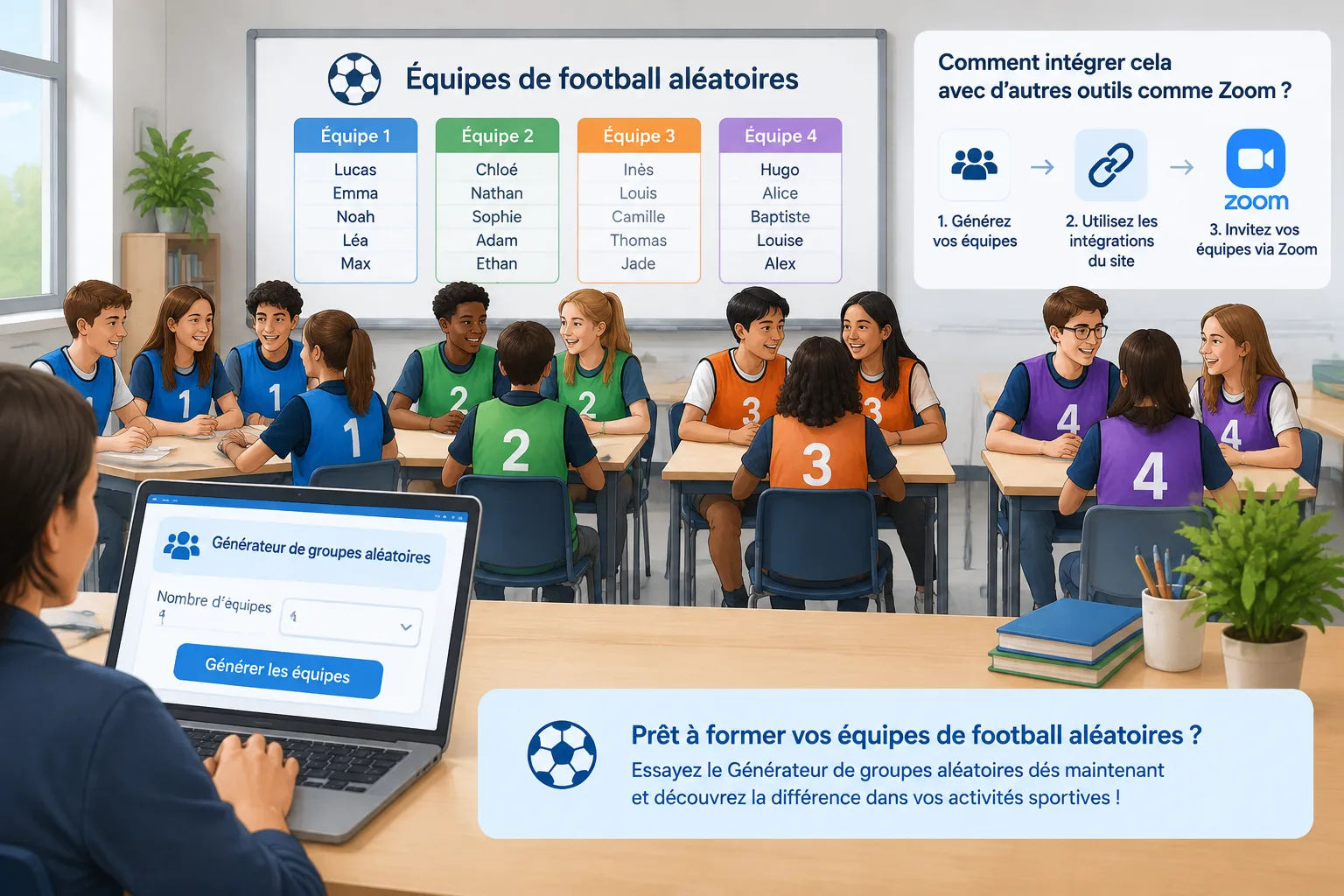 Illustration d'une équipe de football formée par un générateur aléatoire dans une classe